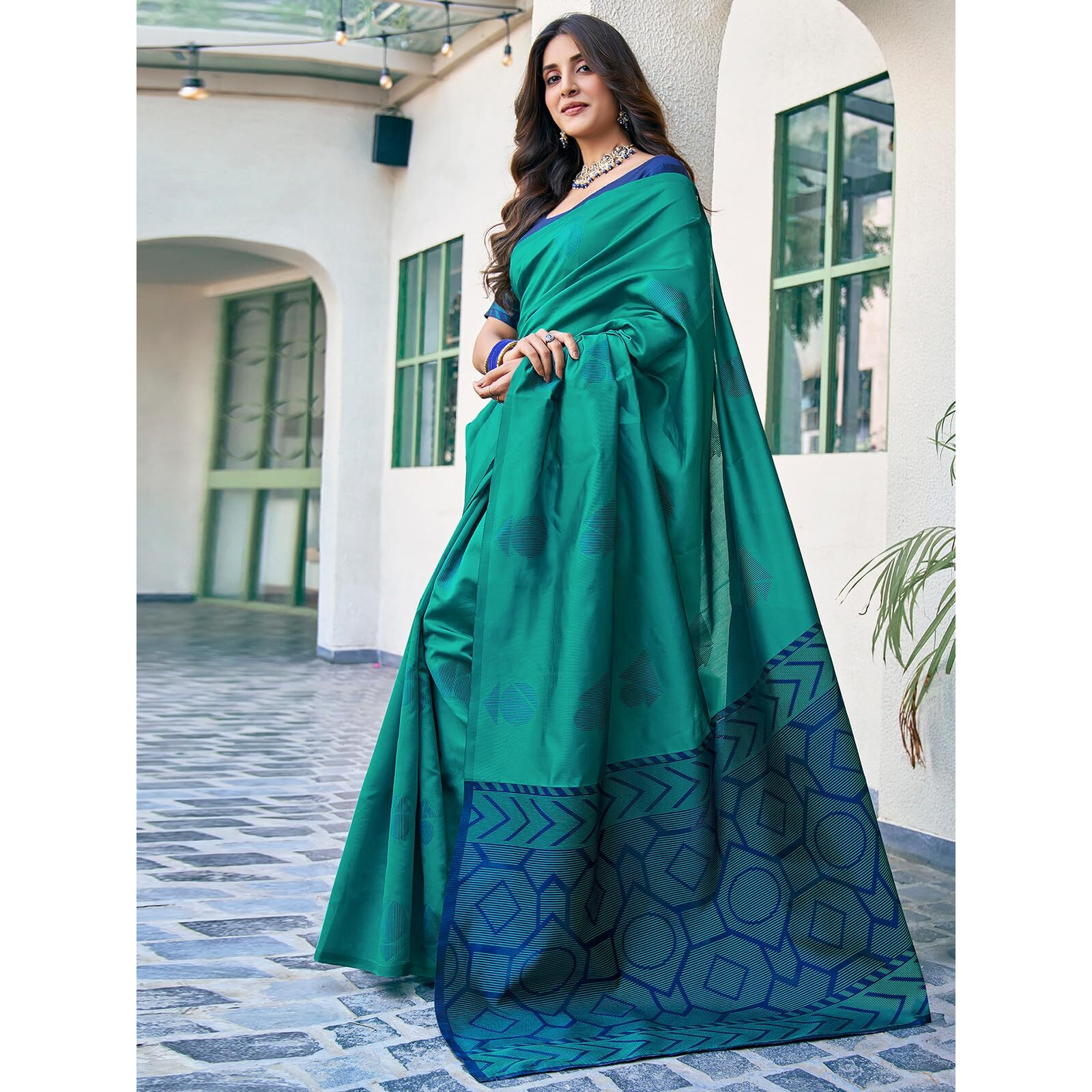 SAMAH Women's Jacquard Silk Saree (3697S120N_Teal Green2)