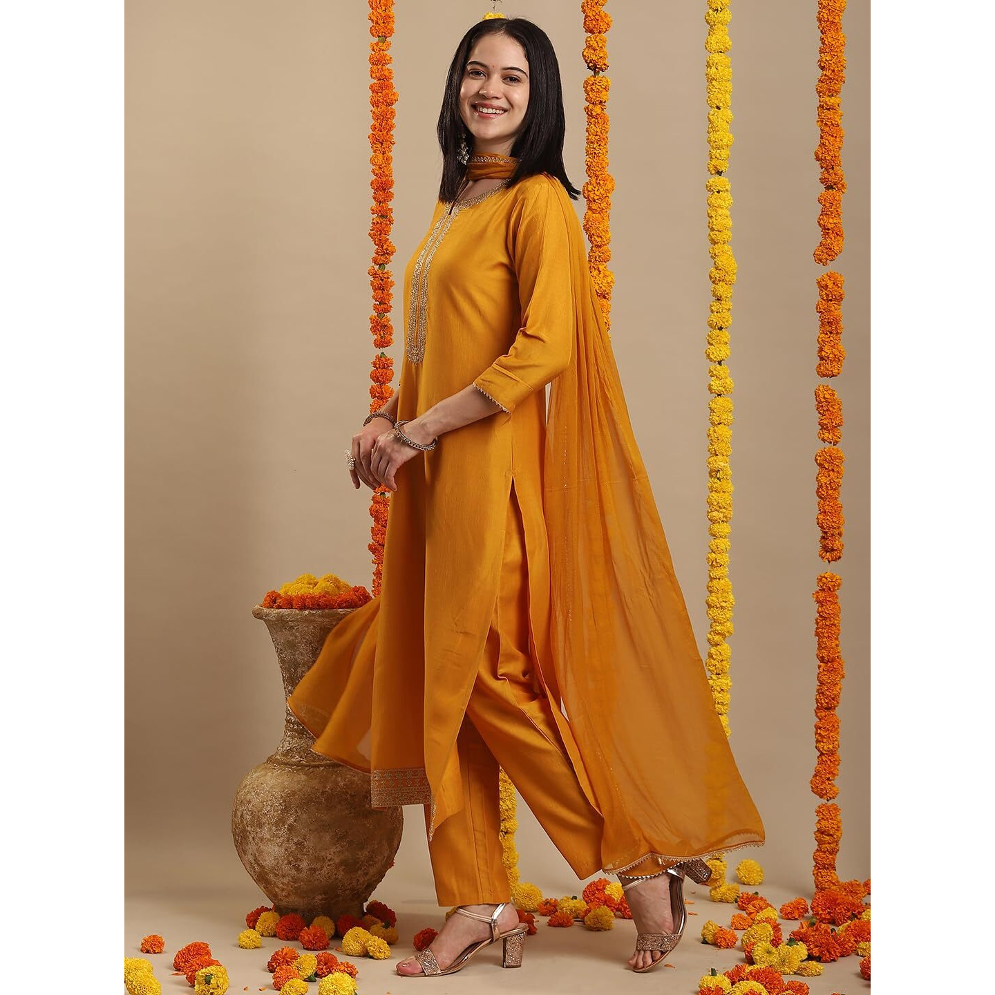 GoSriKi Women's Rayon Blend Straight Embroidered Kurta with Pant & Dupatta (LIKHA Yellow-GS_M_Yellow_Medium)