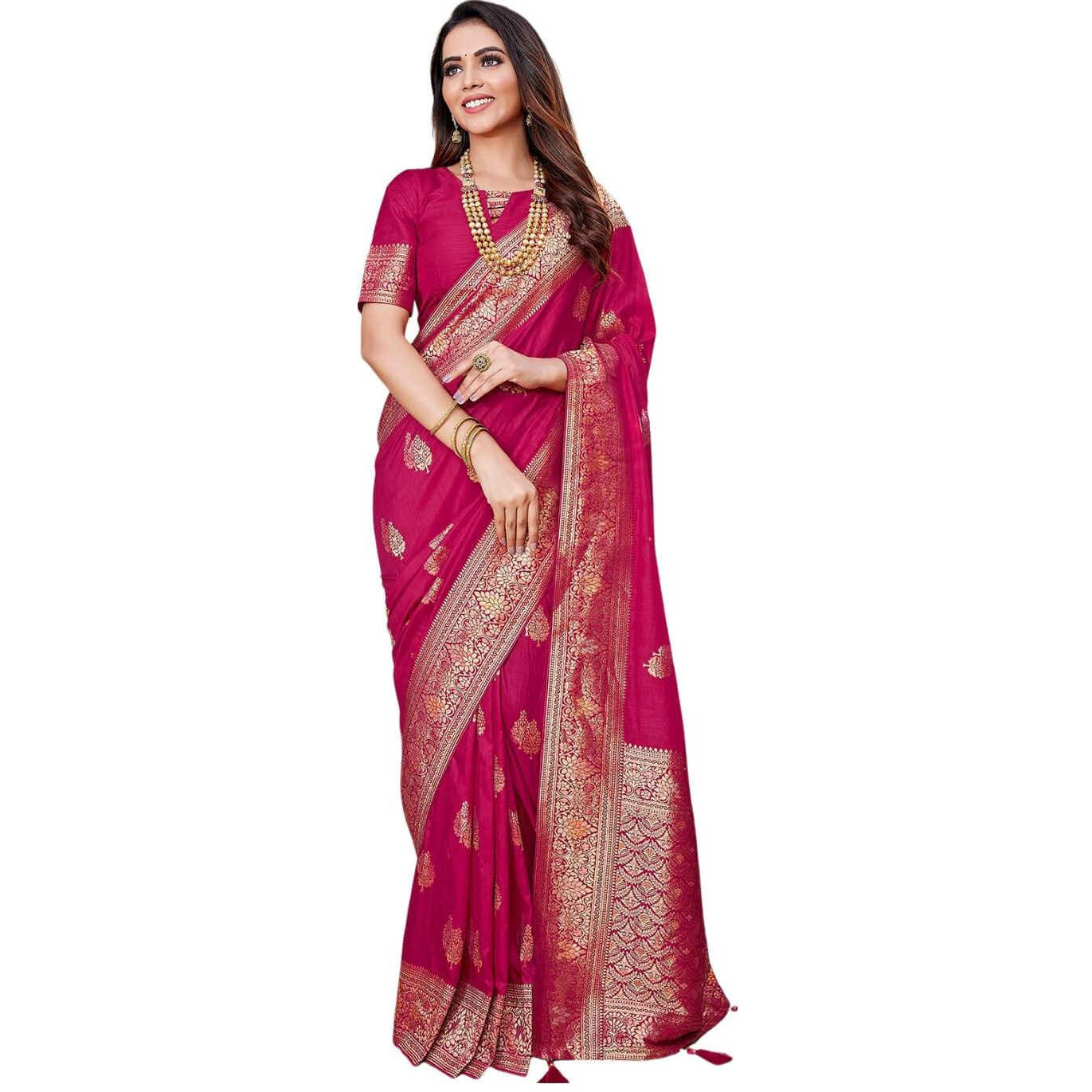 Satrani Women's Silk Blend Jacquard Work Saree with Unstitched Blouse Piece (3657S6027N_Hot Pink)