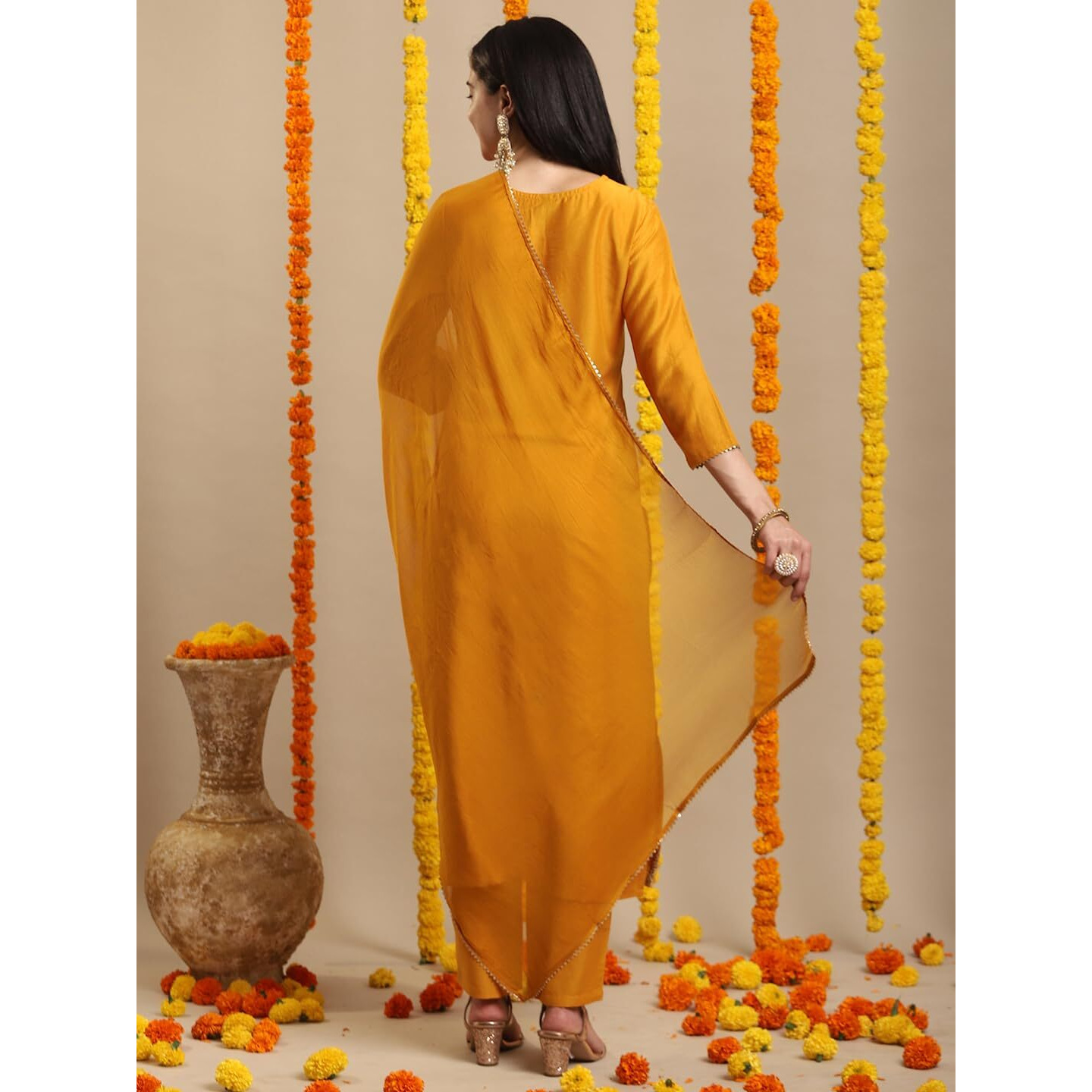 GoSriKi Women's Rayon Blend Straight Embroidered Kurta with Pant & Dupatta (LIKHA Yellow-GS_L_Yellow_Large)