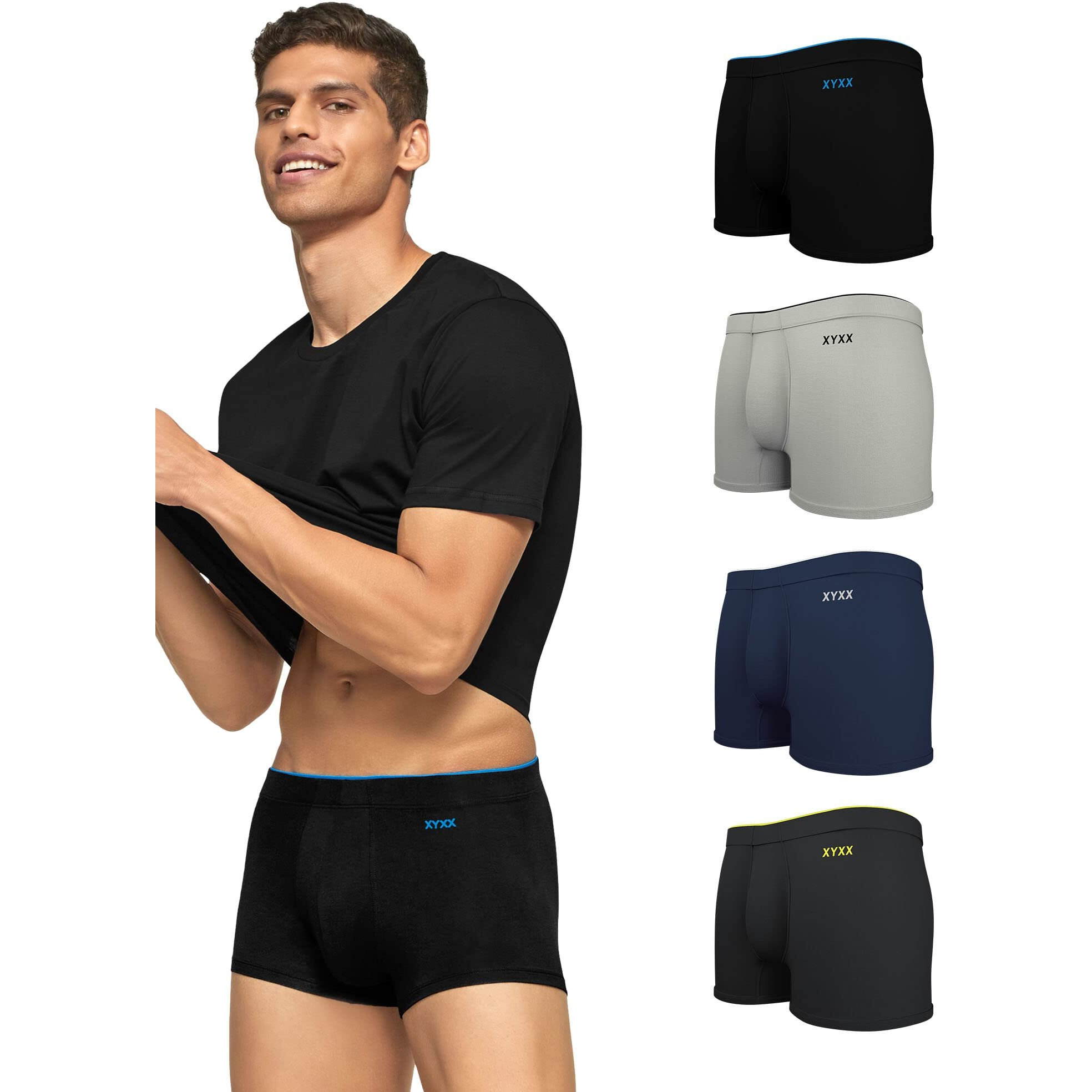 XYXX Men's Modal Stretch Solid (Pack of 5) (Pack of Five Uno Trunks_Dress Blue+Coral Heather Grey+Black_M)