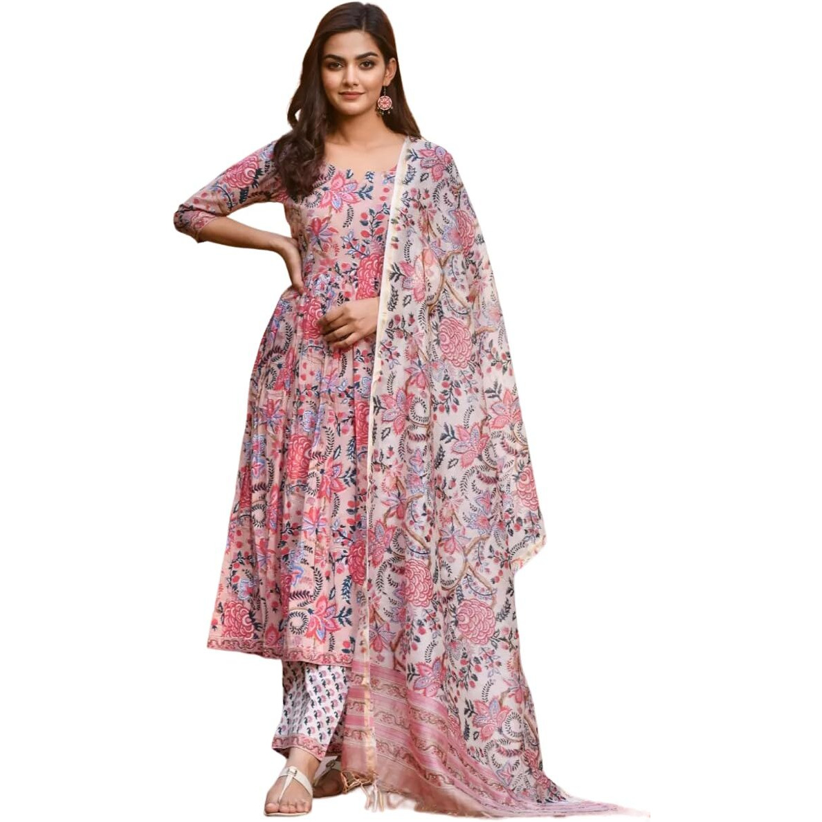 LookMark Women's Trendy Printed Cotton Blend Straight Kurta Pant Dupatta Set ||AZ-LM-OG-KS2092-M Peach
