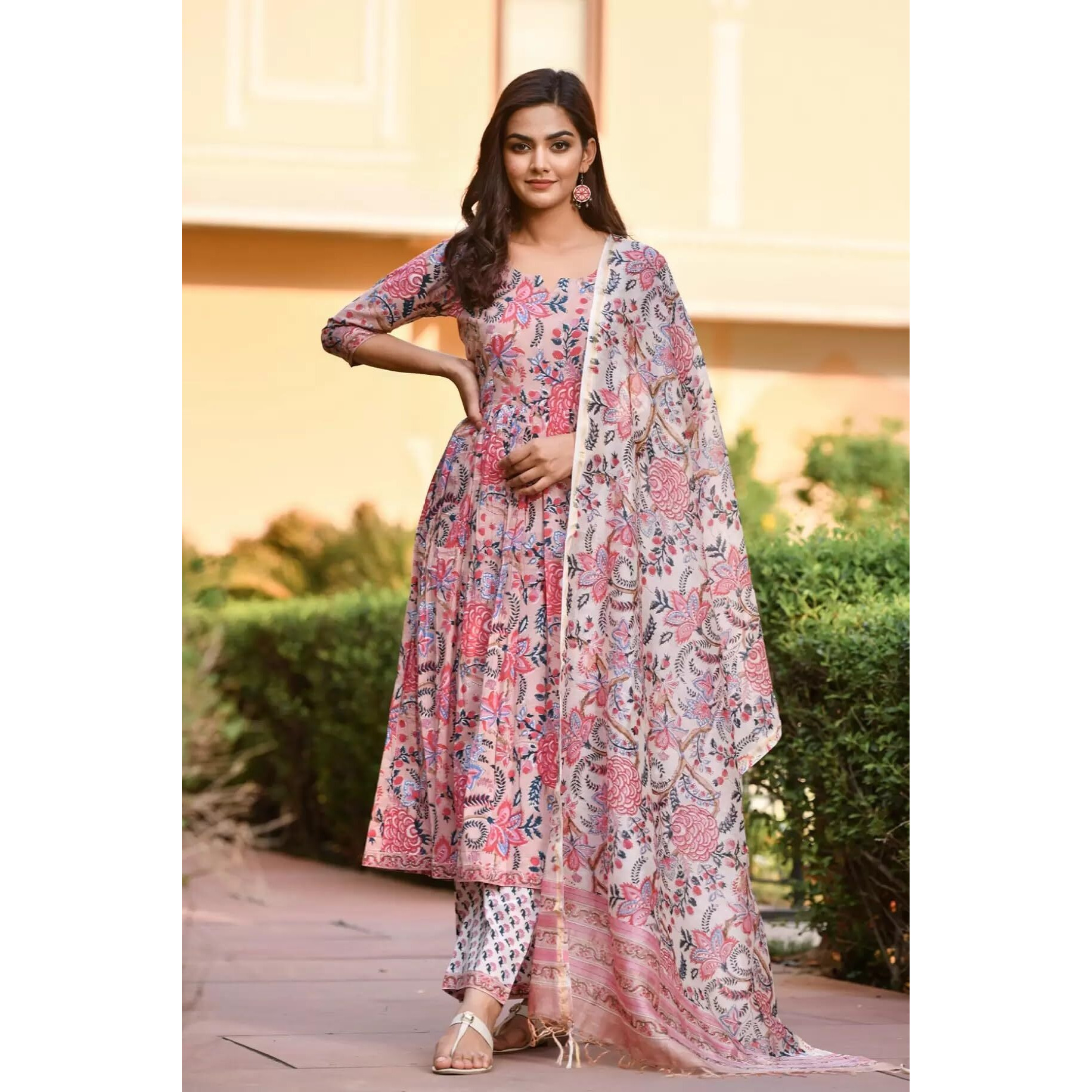LookMark Women's Trendy Printed Cotton Blend Straight Kurta Pant Dupatta Set ||AZ-LM-OG-KS2092-M Peach