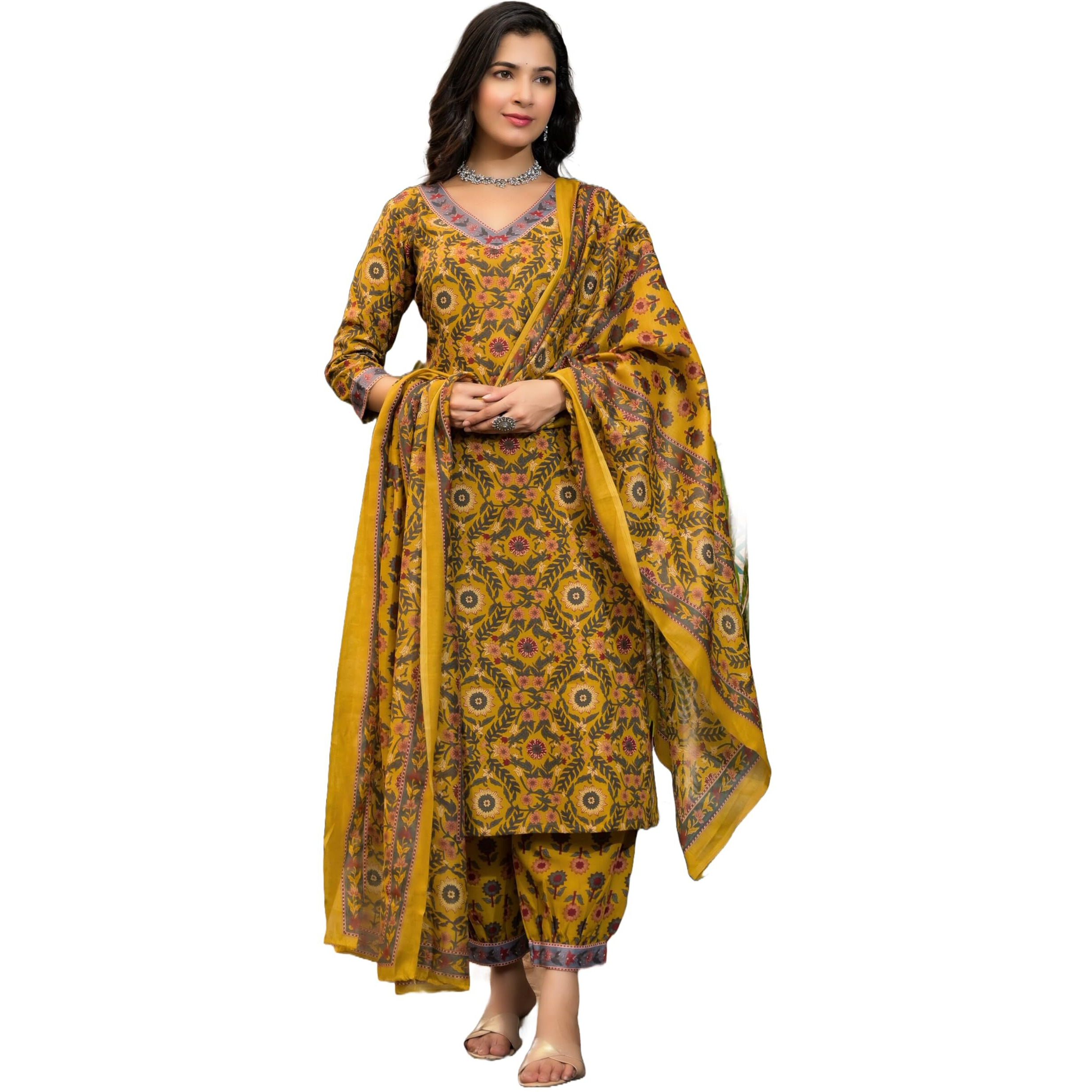 KLOSIA Women Printed Kurta Pant Set with Dupatta Set (in, Alpha, XL, Yellow)