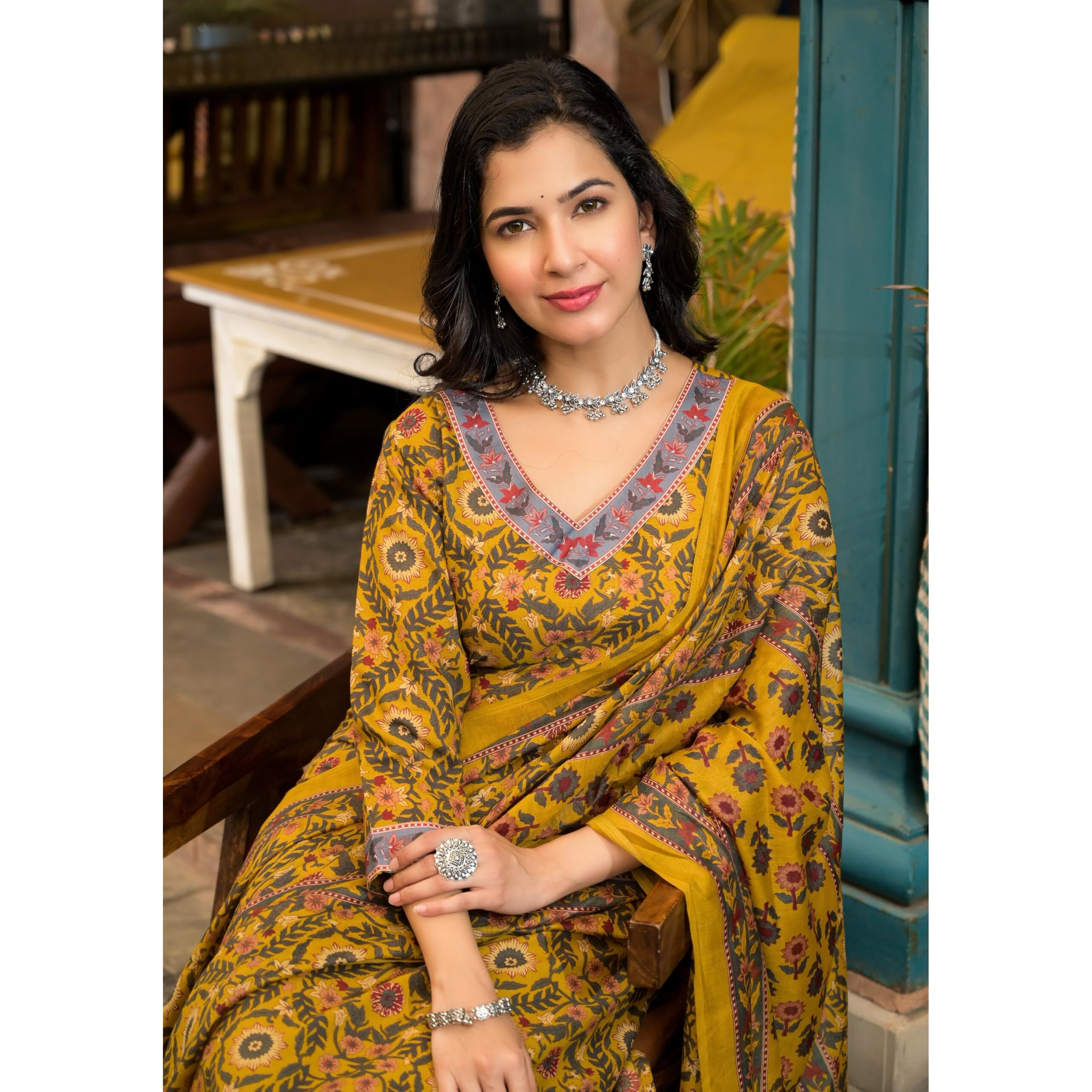 KLOSIA Women Printed Kurta Pant Set with Dupatta Set (in, Alpha, XL, Yellow)