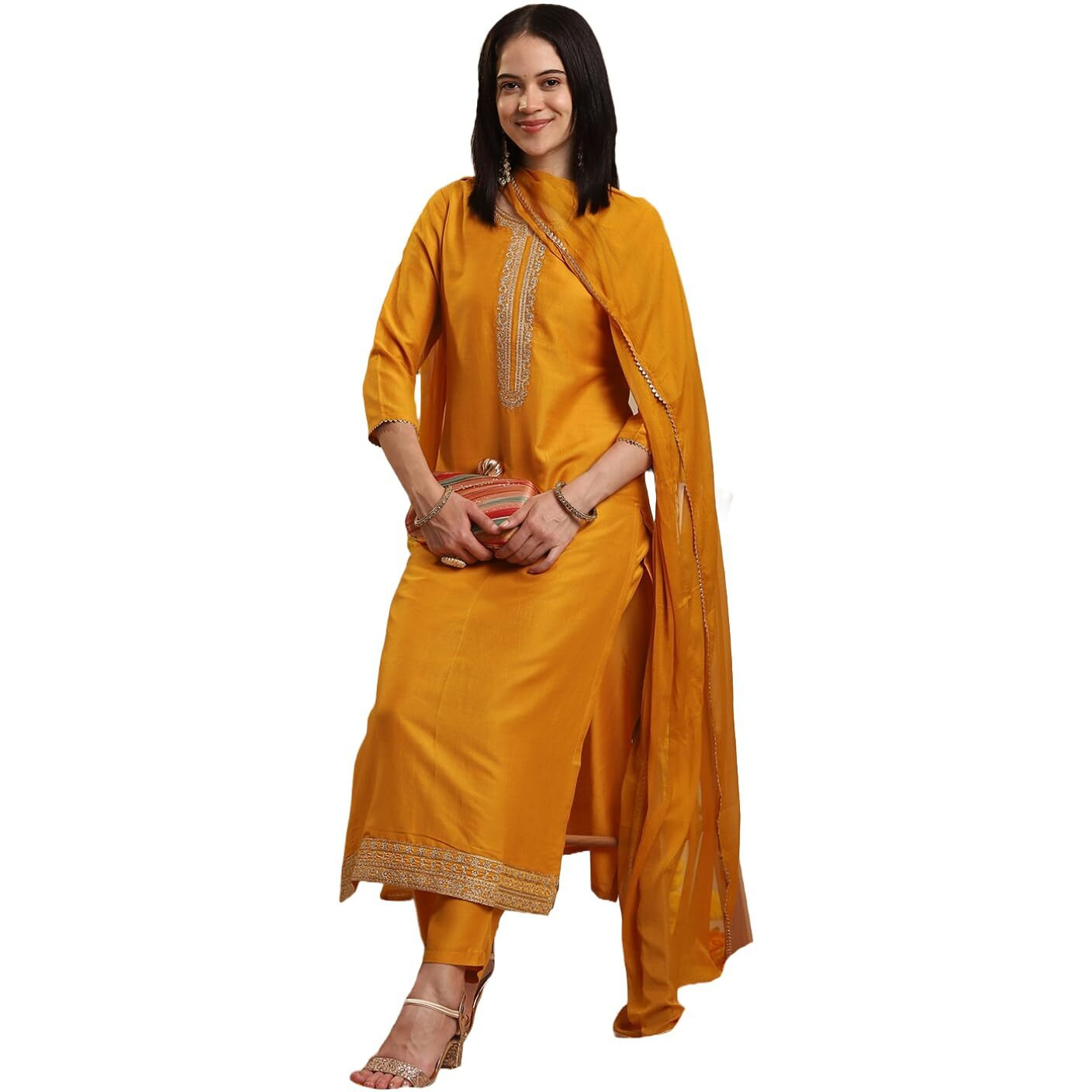 GoSriKi Women's Rayon Blend Straight Embroidered Kurta with Pant & Dupatta (LIKHA Yellow-GS_XXL_Yellow_XX-Large)