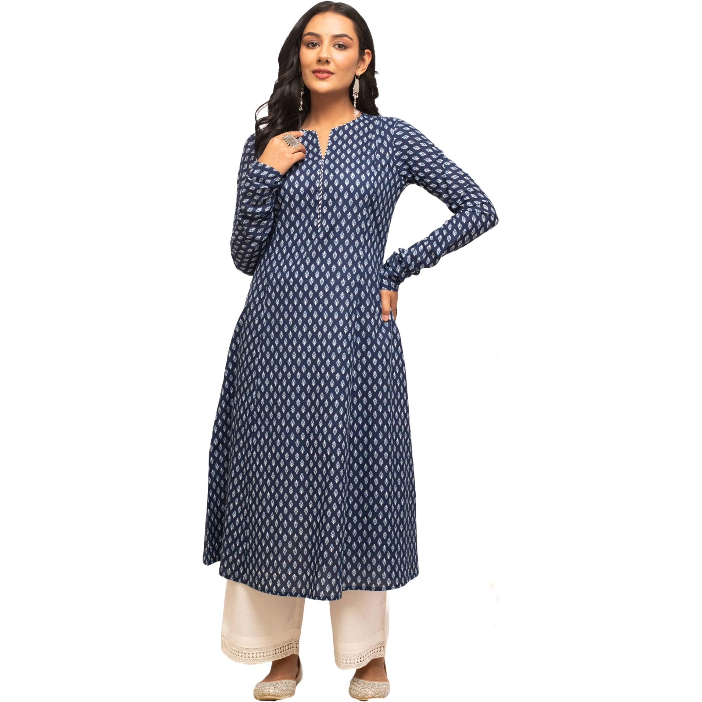 FIORRA Women's Floral Printed Navy Blue Cotton A-Line Kurta FAR0101