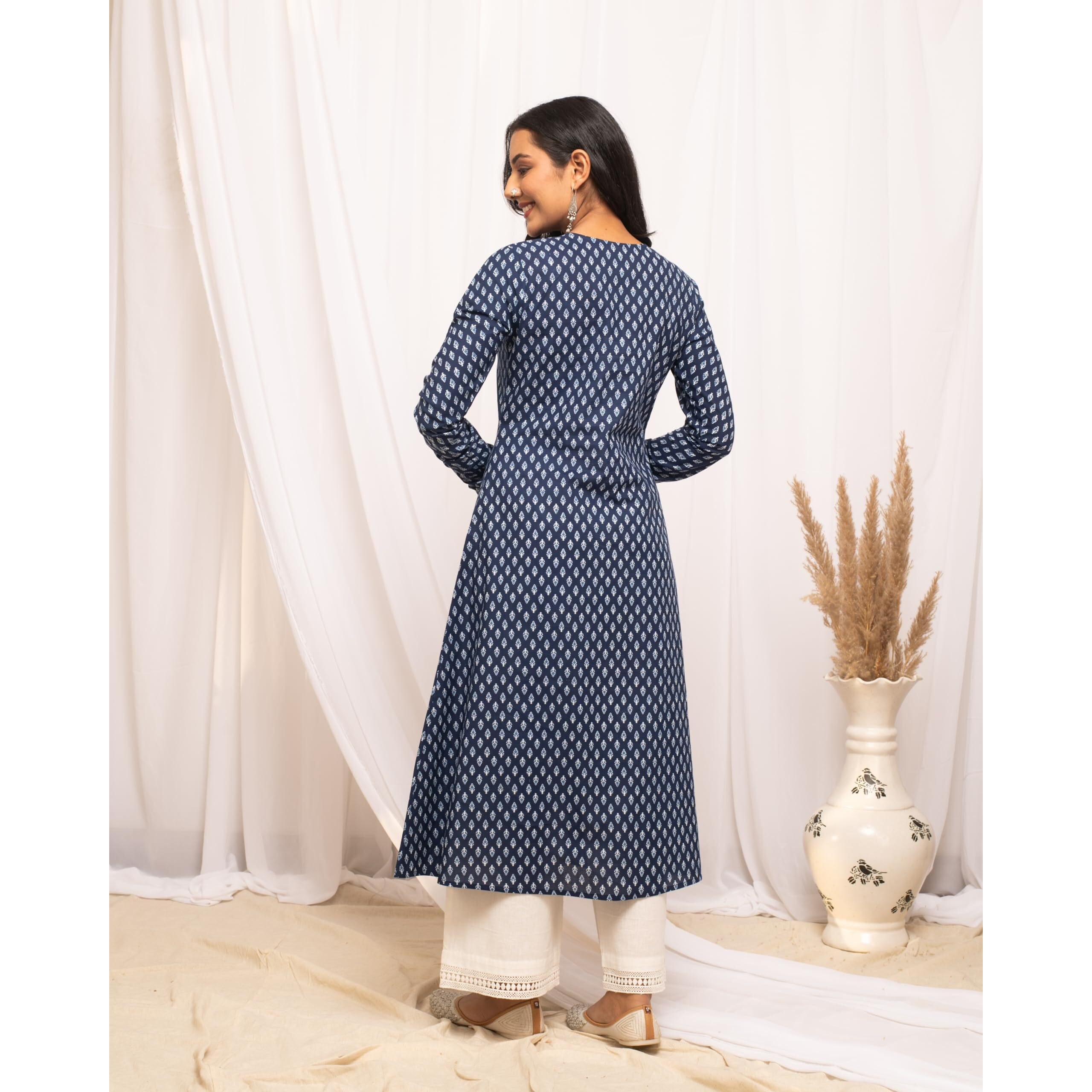FIORRA Women's Floral Printed Navy Blue Cotton A-Line Kurta FAR0101