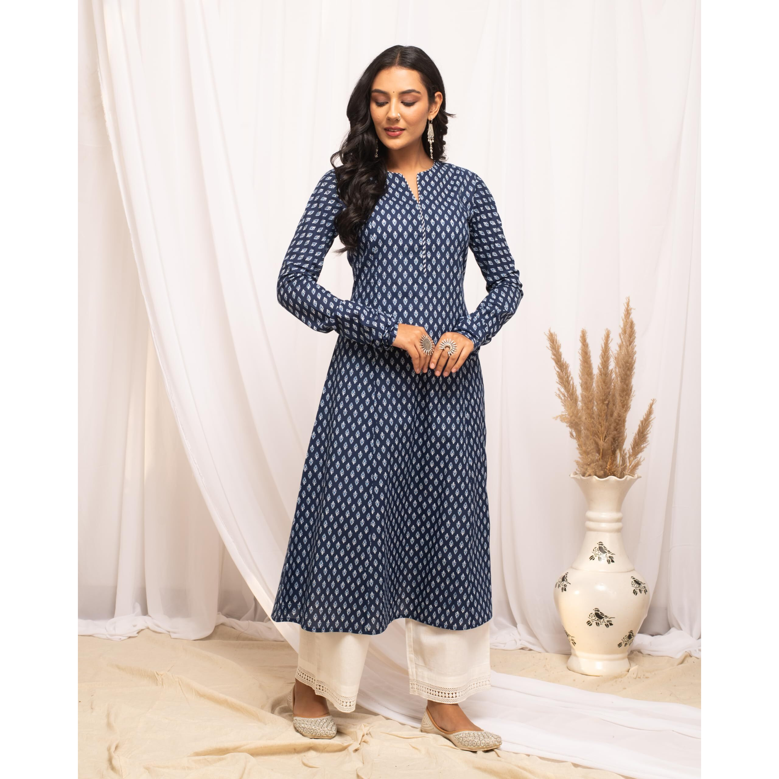 FIORRA Women's Floral Printed Navy Blue Cotton A-Line Kurta FAR0101