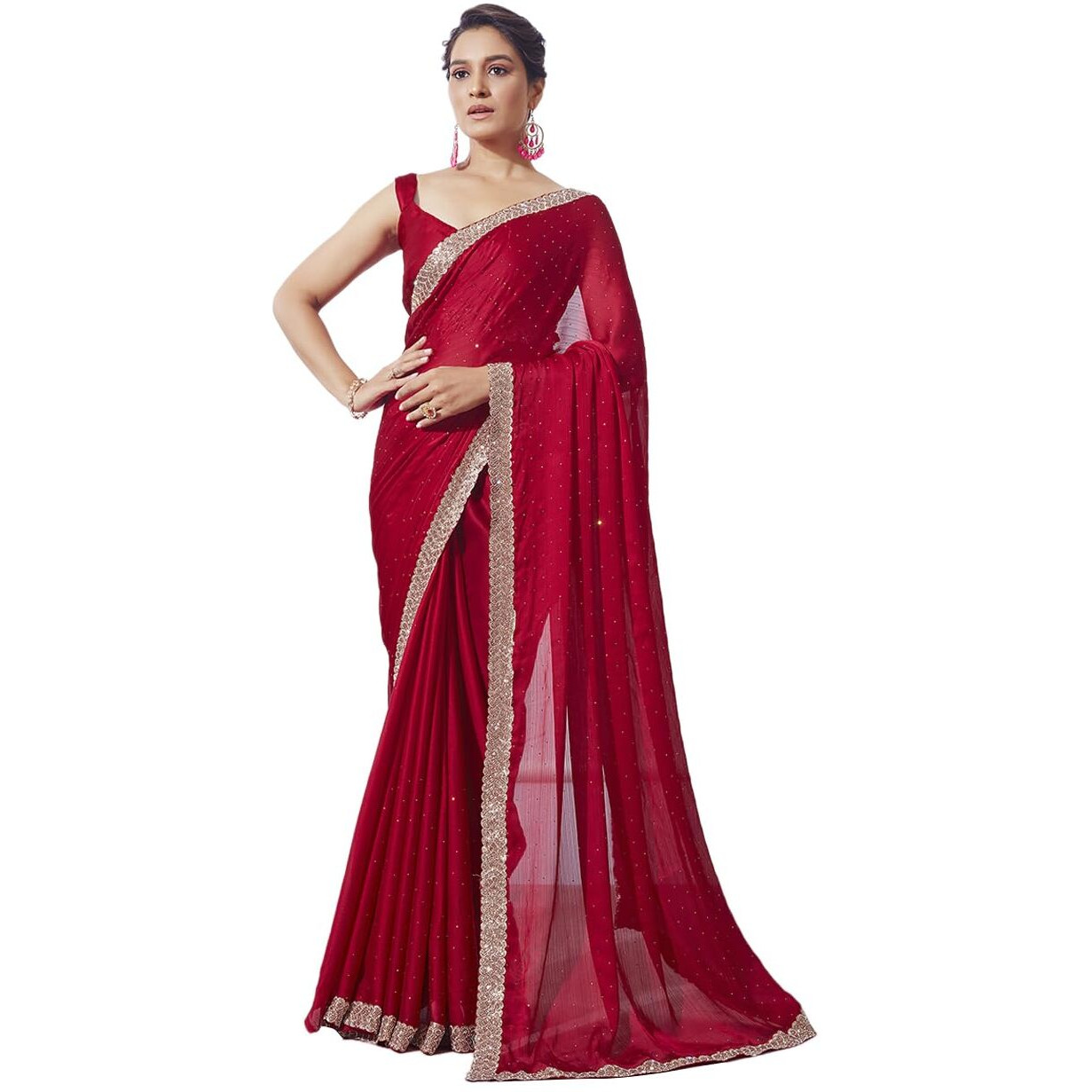 ORHANS Women's Satin Chiffon All Over Fix Diamond With Lace Work Saree With Matching Unstitched Blouse Piece