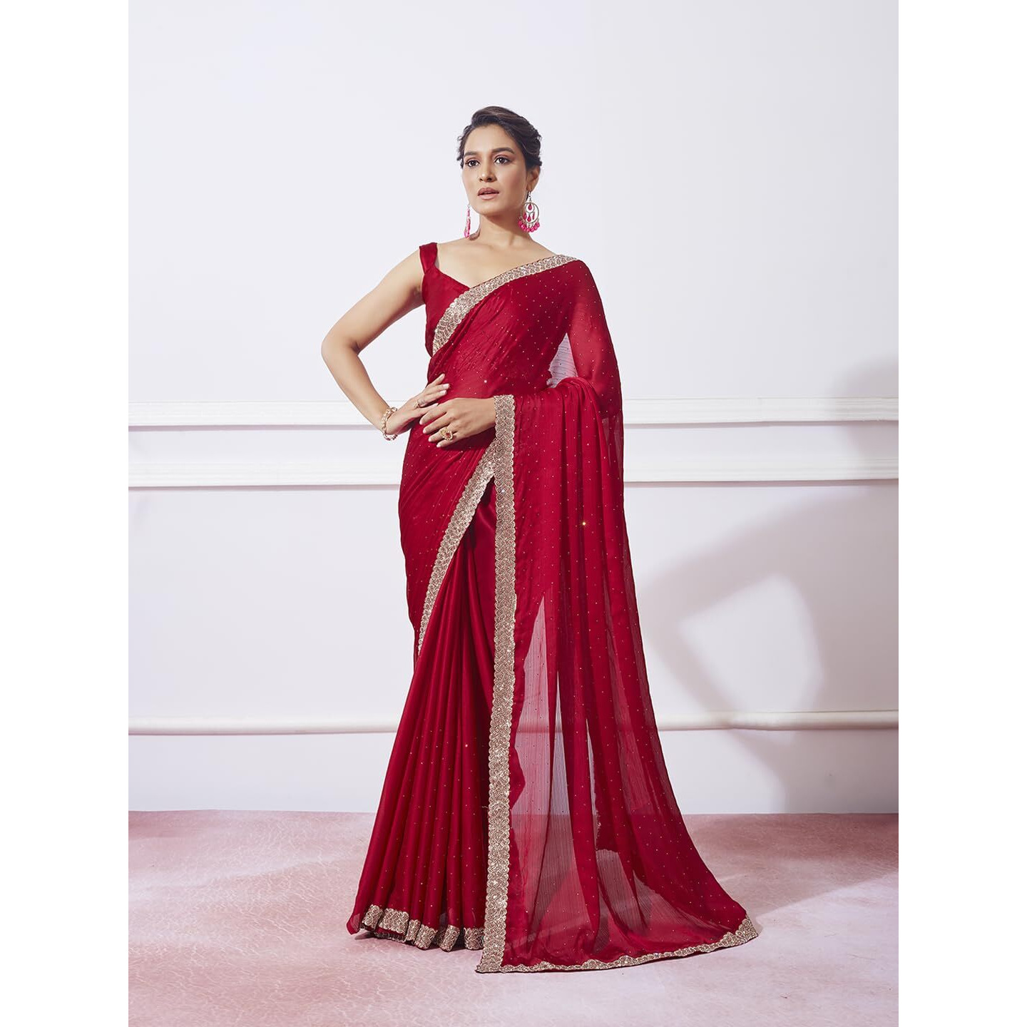 ORHANS Women's Satin Chiffon All Over Fix Diamond With Lace Work Saree With Matching Unstitched Blouse Piece