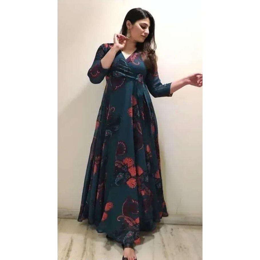 Fashion2wear Women's Georgette Fit and Flare V-Neck Gown Elegant Silhouette in Effortless Style | 3/4 Sleeve | Dress for Women (Blue | Large | Blue_Keri_L)