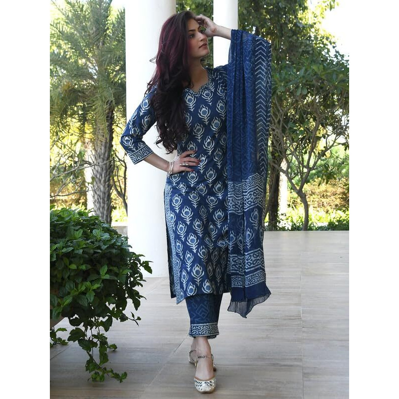 Pinkmint Indigo Printed Kurta Set for Women ll Kurta Pant & Dupatta Suit Set