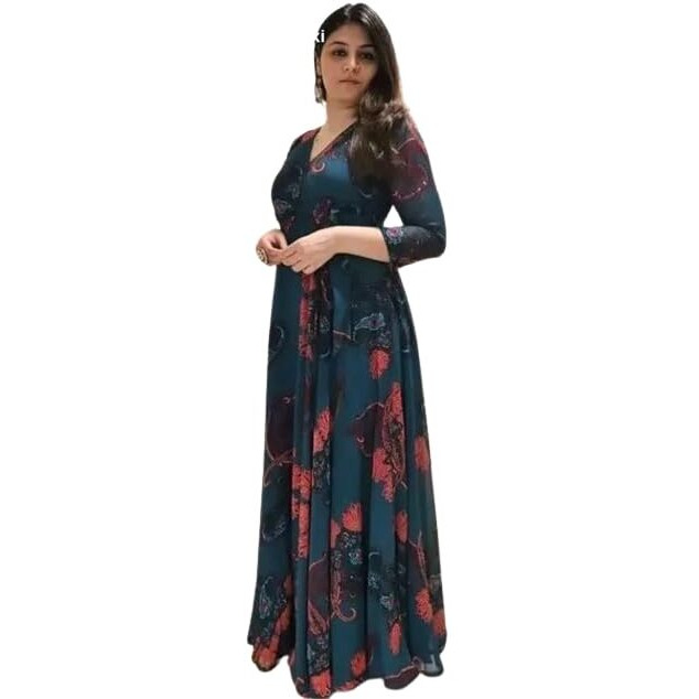 Fashion2wear Women's Georgette Fit and Flare V-Neck Gown Elegant Silhouette in Effortless Style | 3/4 Sleeve | Dress for Women (Blue | XXX-Large | Blue_Keri_XXXL)