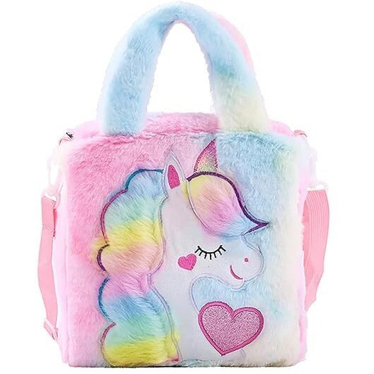ADISA Unicorn Toddler Bag Princess Fur Crossbody Handbags Gift for Girls (Pink)