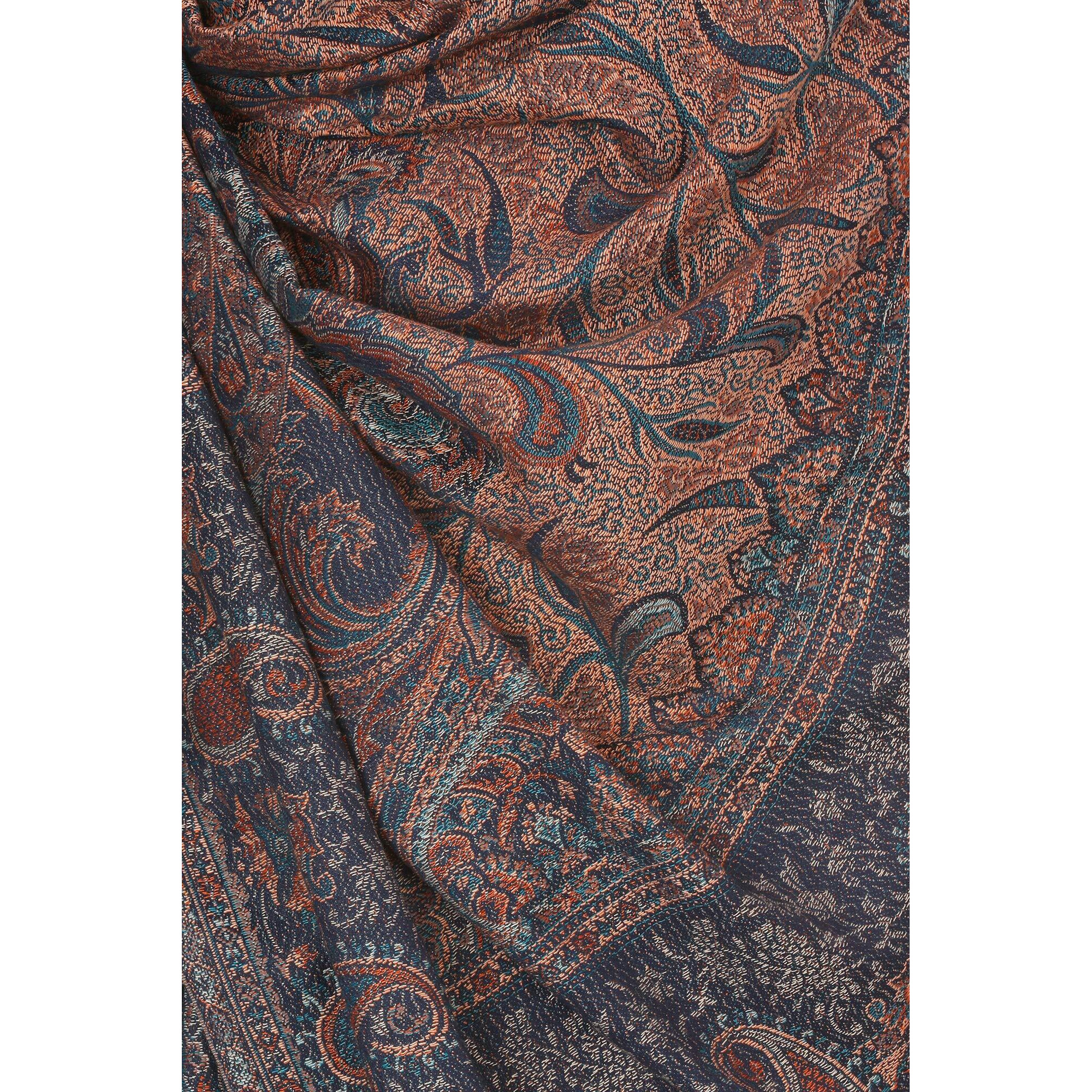 Pashtush Mens fine Soft Ethnic wool blended Stole, Jamawar design, Faux Pashmina (Navy Blue)