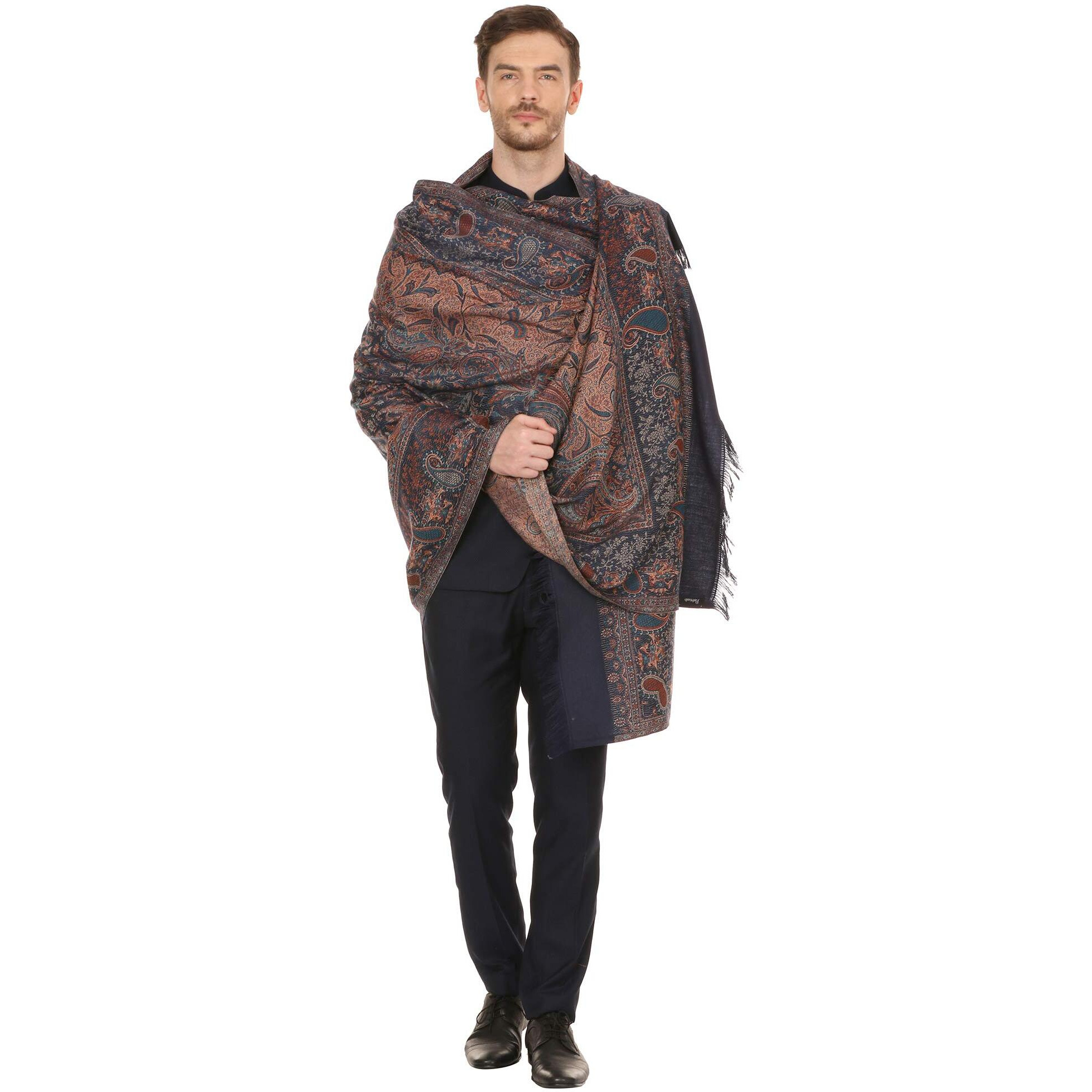 Pashtush Mens fine Soft Ethnic wool blended Stole, Jamawar design, Faux Pashmina (Navy Blue)