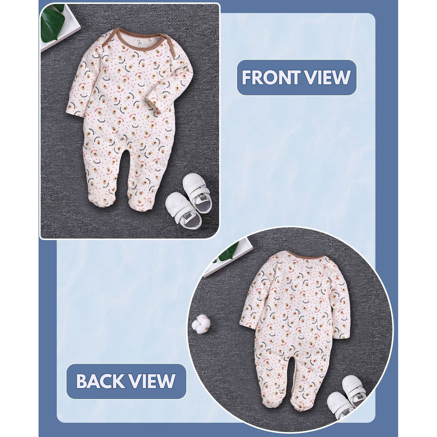 BabyGo Baby Romper 100% Cotton Rompers for New Born Baby|Sleepsuits for Baby Boys & Girls |Onesies| Infant Clothes|BEIGE| 0-3M| 3-6M| 6-9M| Pack of 2