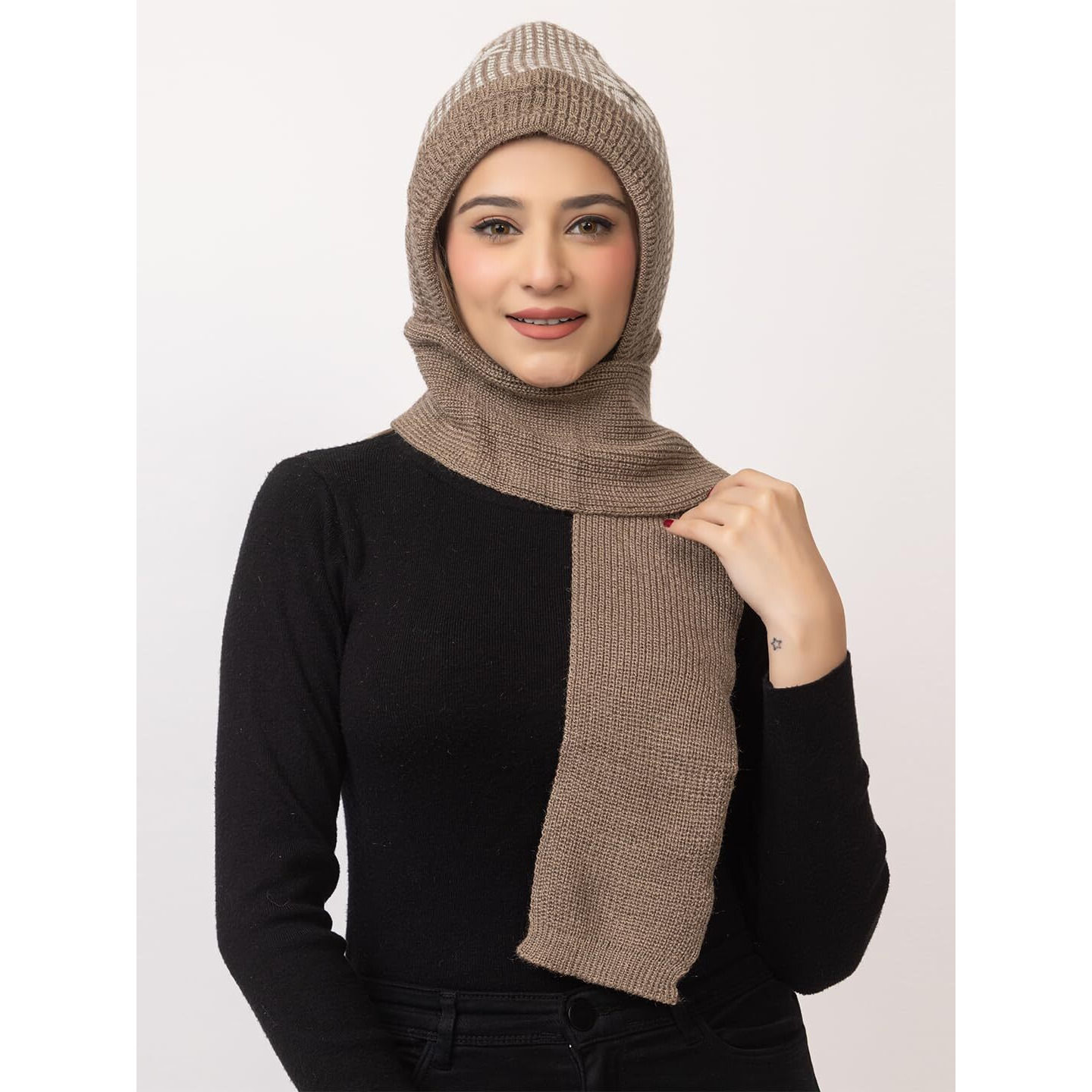 AMOLDO Women's Winter Woolen Soft Warm Knitted Designer Muffler Beanie Cap with Fur | Fleece Printed Woolen Hat with Attached Scarf for Cold Weather (in, Alpha, Free Size, Beige)