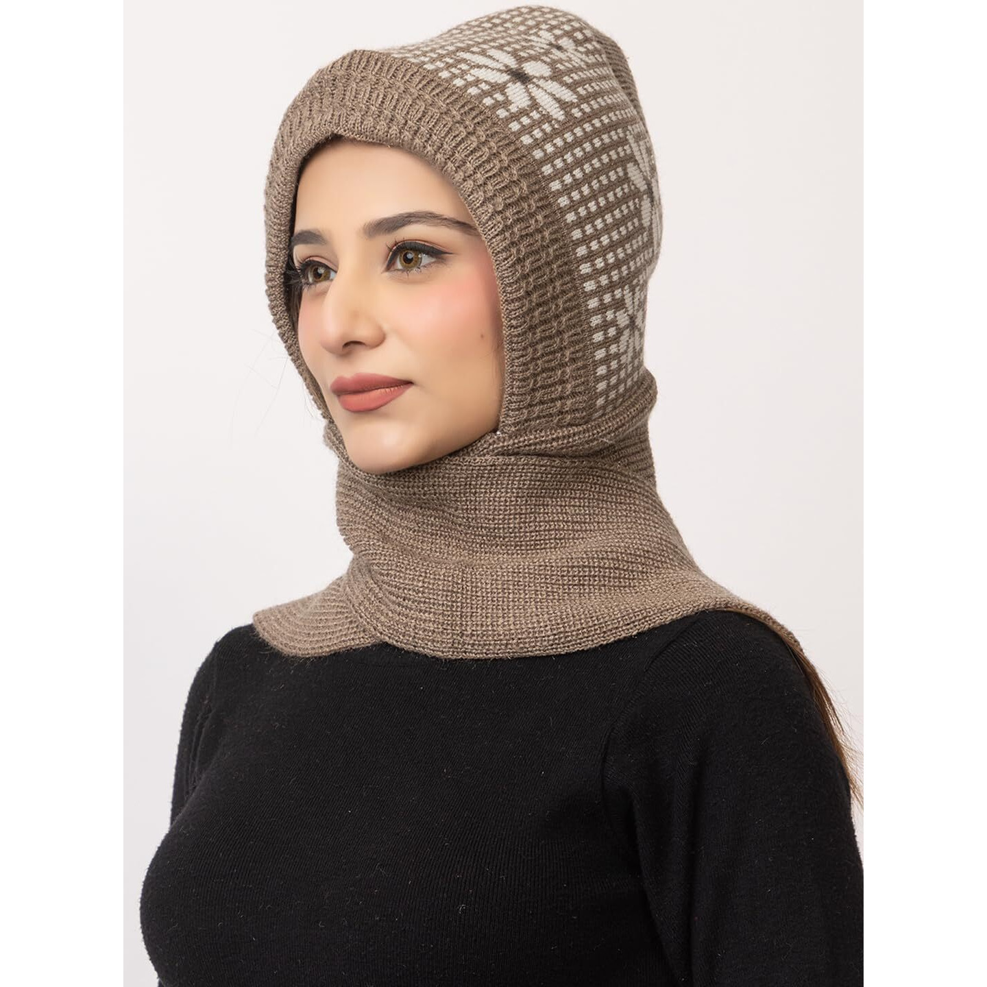 AMOLDO Women's Winter Woolen Soft Warm Knitted Designer Muffler Beanie Cap with Fur | Fleece Printed Woolen Hat with Attached Scarf for Cold Weather (in, Alpha, Free Size, Beige)