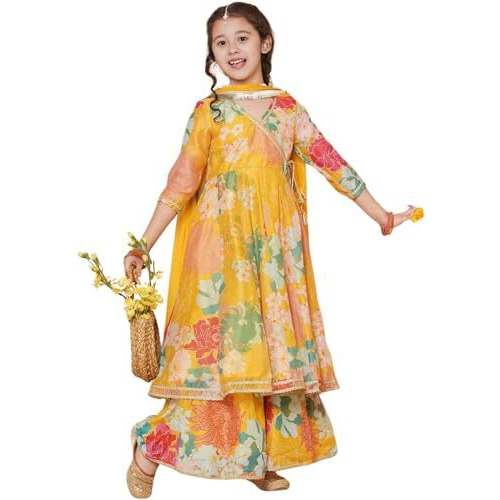 Naixa Girls Rayon Fabric Floral Printed 3/4 Sleeve Yellow Sharara Dress Set,11-12 Years