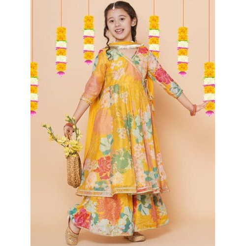 Naixa Girls Rayon Fabric Floral Printed 3/4 Sleeve Yellow Sharara Dress Set,11-12 Years