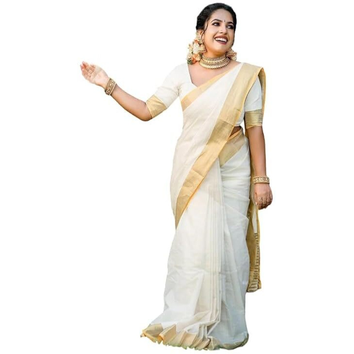 Yashika Women's Solid White Color and Gold Border Cotton Blend Saree with Unstitched Blouse Material-Special for Pongal Onam Festival (AZ-YS-OG1-PONGAL