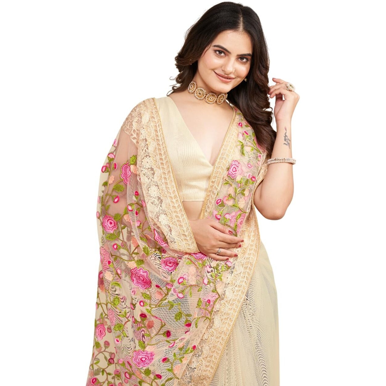 VAIRAGEE Women Soft Net Biege Embroidery Saree 6079_1