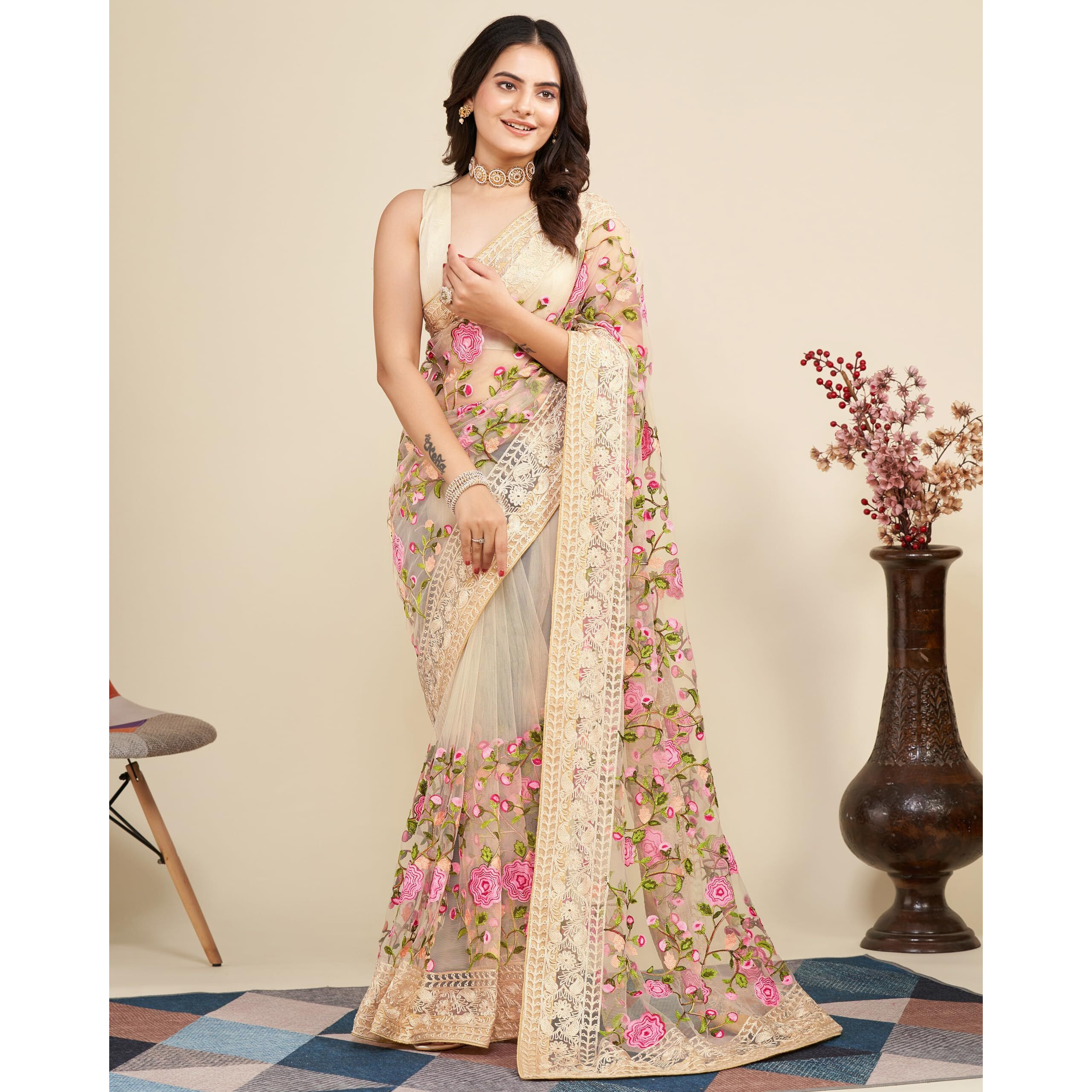 VAIRAGEE Women Soft Net Biege Embroidery Saree 6079_1