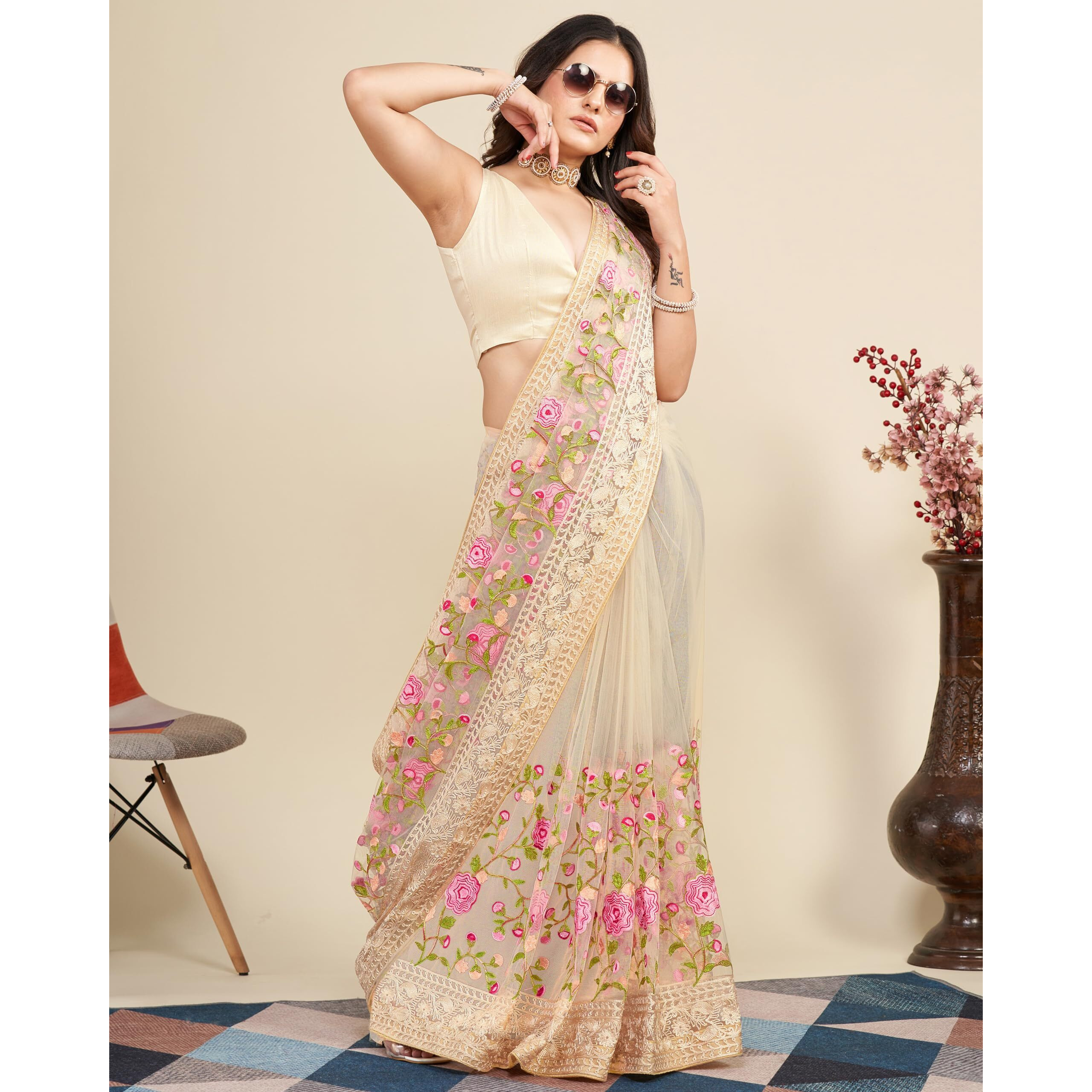 VAIRAGEE Women Soft Net Biege Embroidery Saree 6079_1