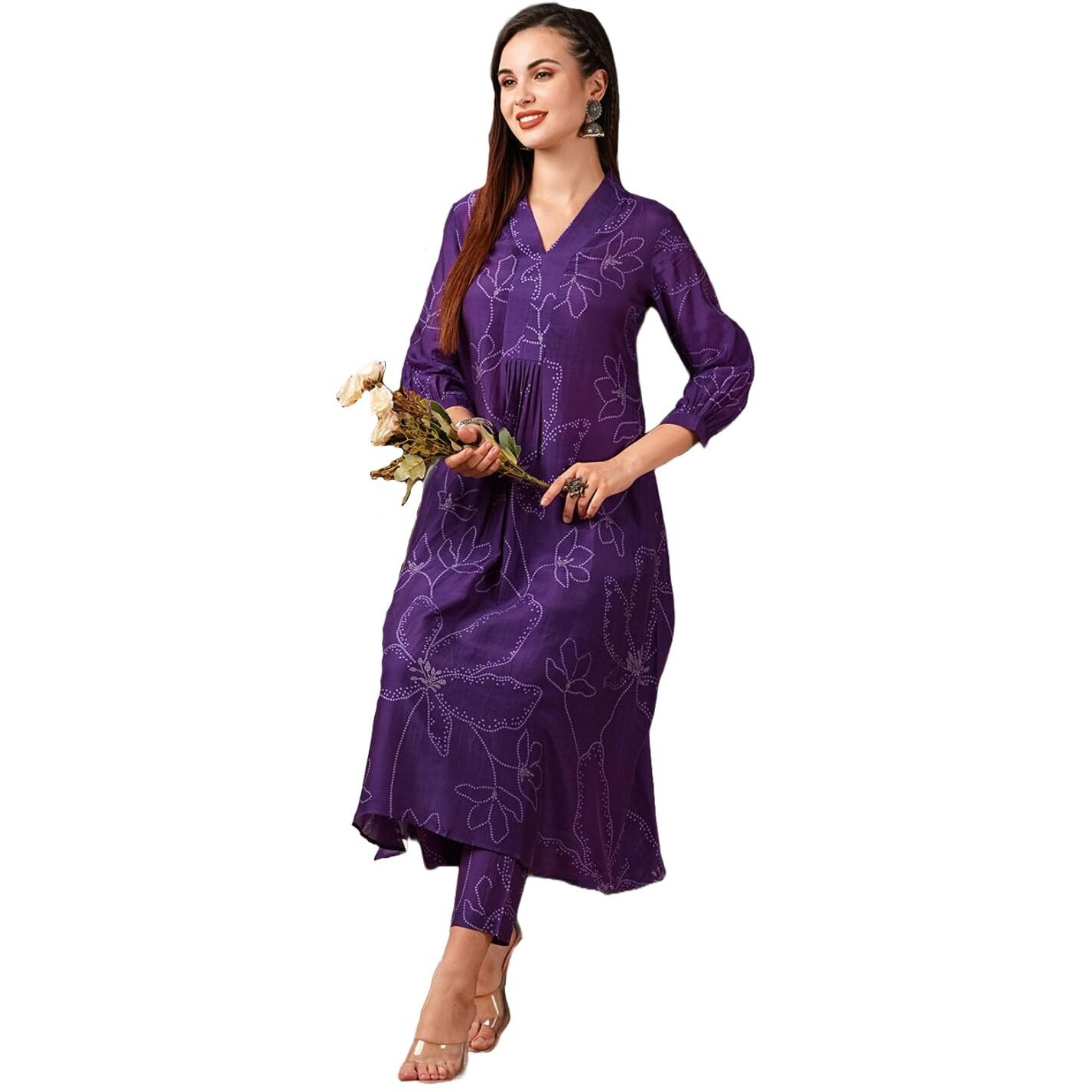 GoSriKi Women's Cotton Blend Anarkali Printed Kurta with Pant (Marup Begani-GS_L_Begani_Large)