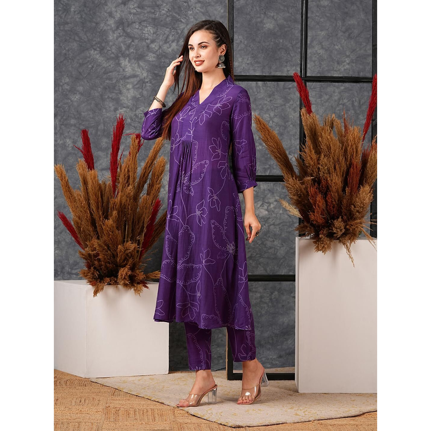 GoSriKi Women's Cotton Blend Anarkali Printed Kurta with Pant (Marup Begani-GS_L_Begani_Large)