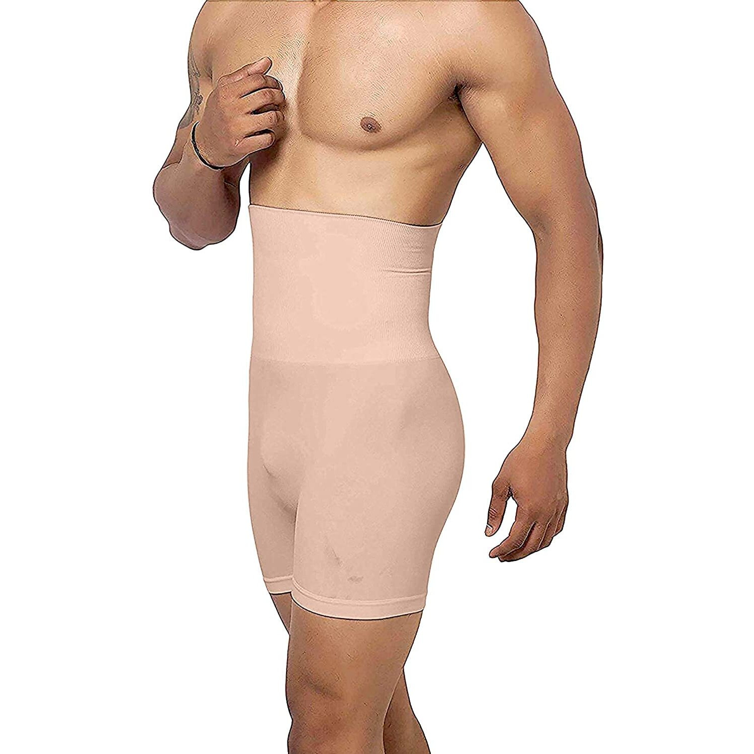 KROYWEN Tummy Tucker Mens High Waist Shapewear with Anti Rolling Strip Tummy Control Panties (Free-Size Fits 32-36 Waist Size) Beige
