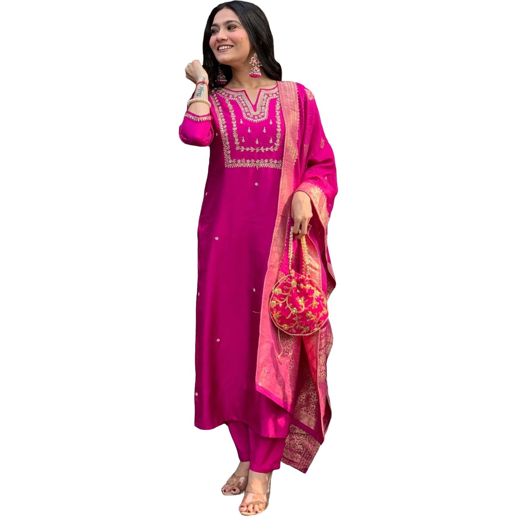 GoSriKi Women's Rayon Blend Straight Embroidered Kurta with Pant & Dupatta (Kosapet Pink-GS_XXL_Pink_XX-Large)