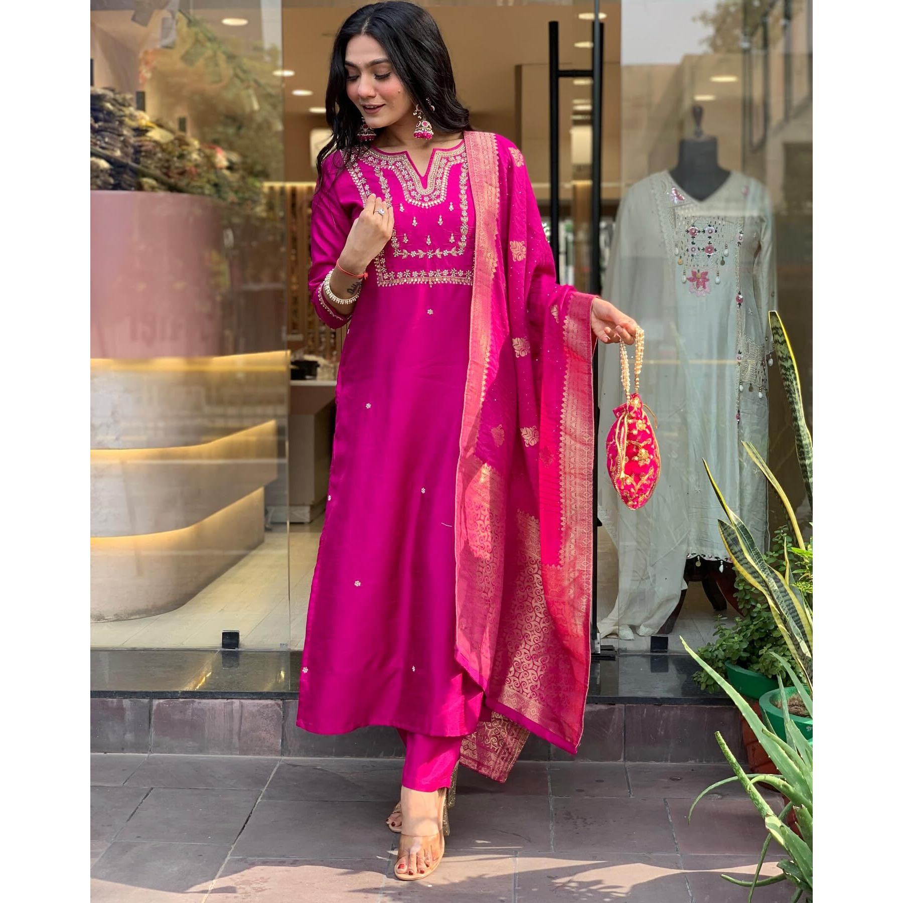 GoSriKi Women's Rayon Blend Straight Embroidered Kurta with Pant & Dupatta (Kosapet Pink-GS_XXL_Pink_XX-Large)