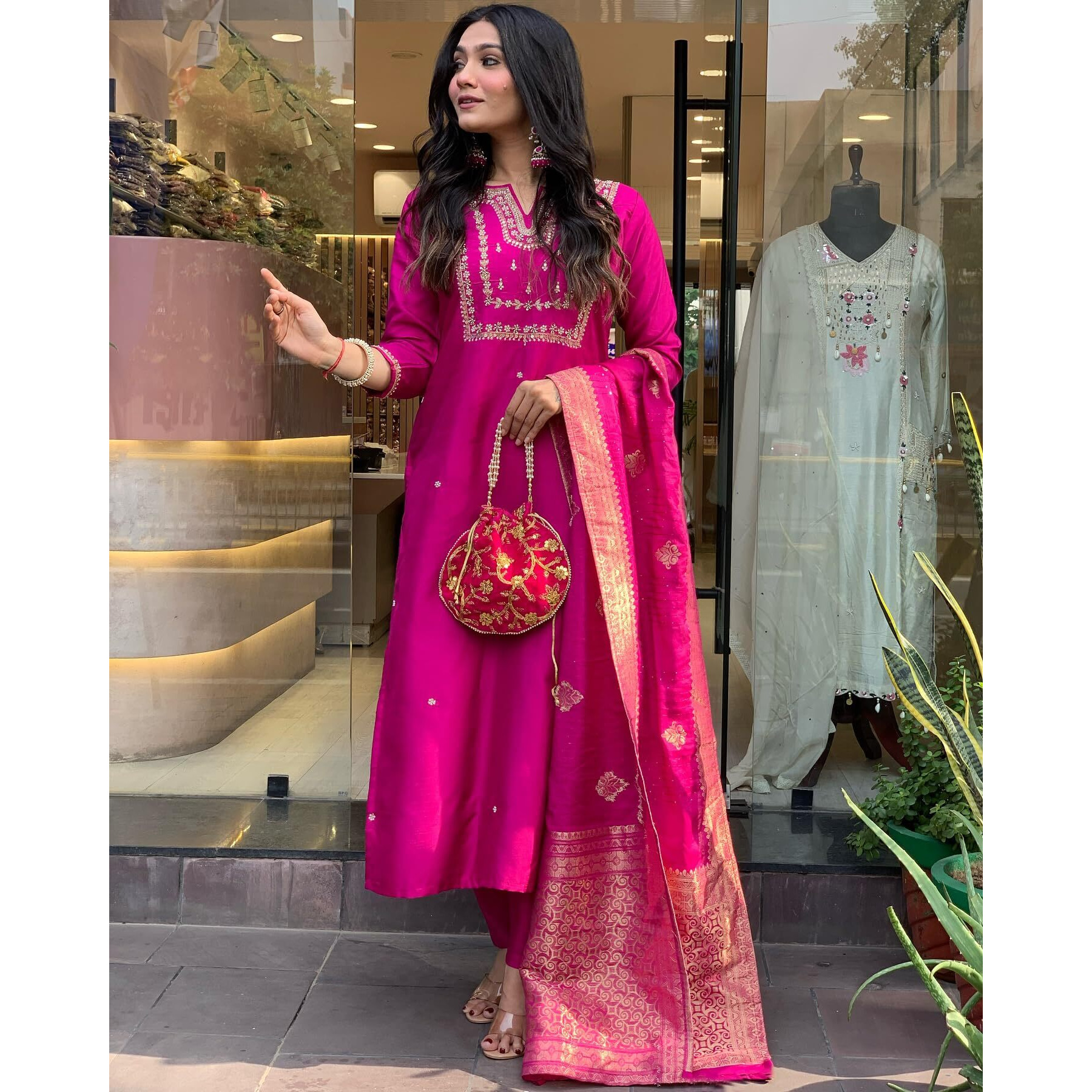 GoSriKi Women's Rayon Blend Straight Embroidered Kurta with Pant & Dupatta (Kosapet Pink-GS_XXL_Pink_XX-Large)