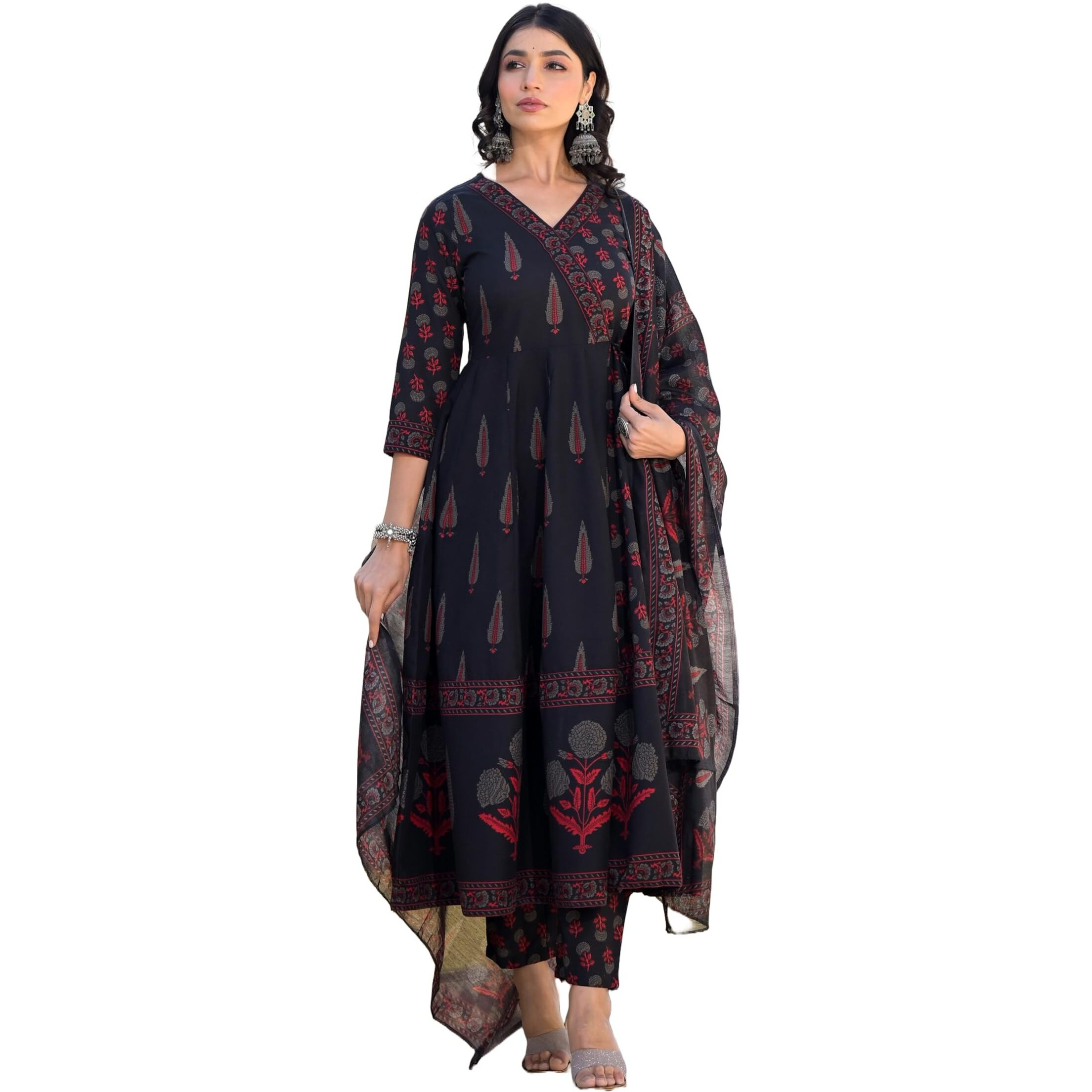 KLOSIA Women Printed Anarkali Kurta and Pant Set with Dupatta | Traditional | Ethnic Set | (X-Large) Black