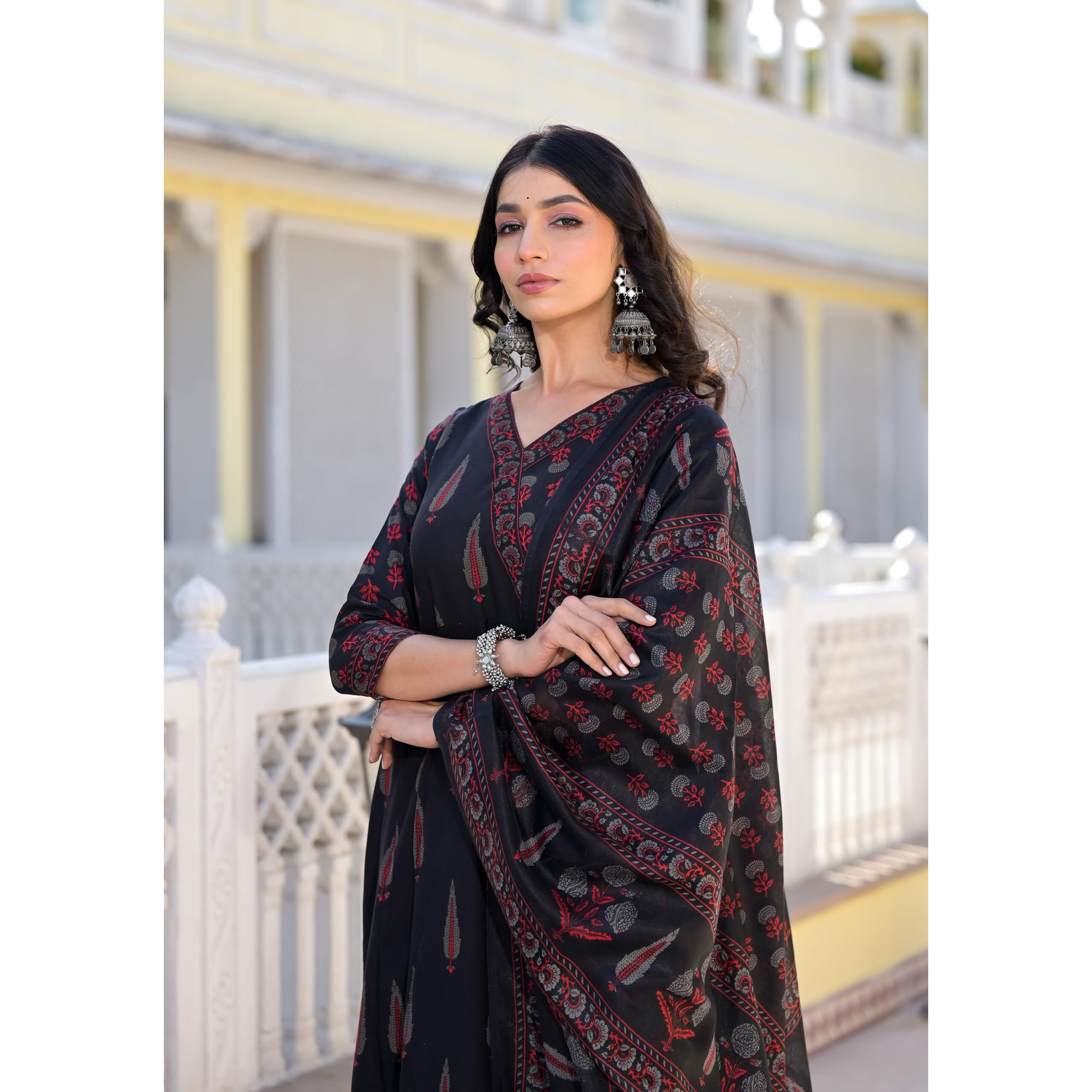 KLOSIA Women Printed Anarkali Kurta and Pant Set with Dupatta | Traditional | Ethnic Set | (X-Large) Black