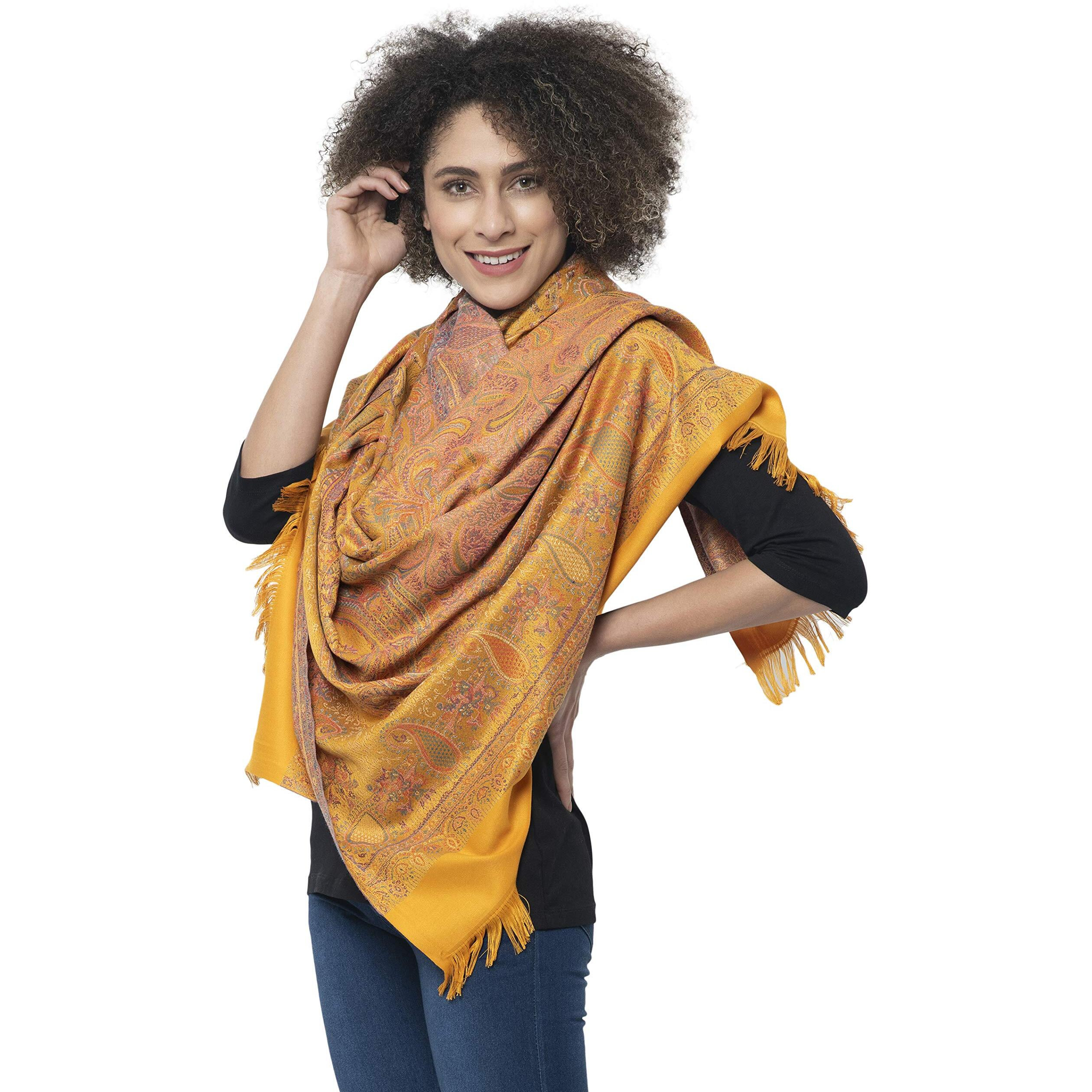 Weavers Villa - Women's Faux Pashmina Silk Paisley Design Shawls, Stoles (Mustard), 100cm X 200cm