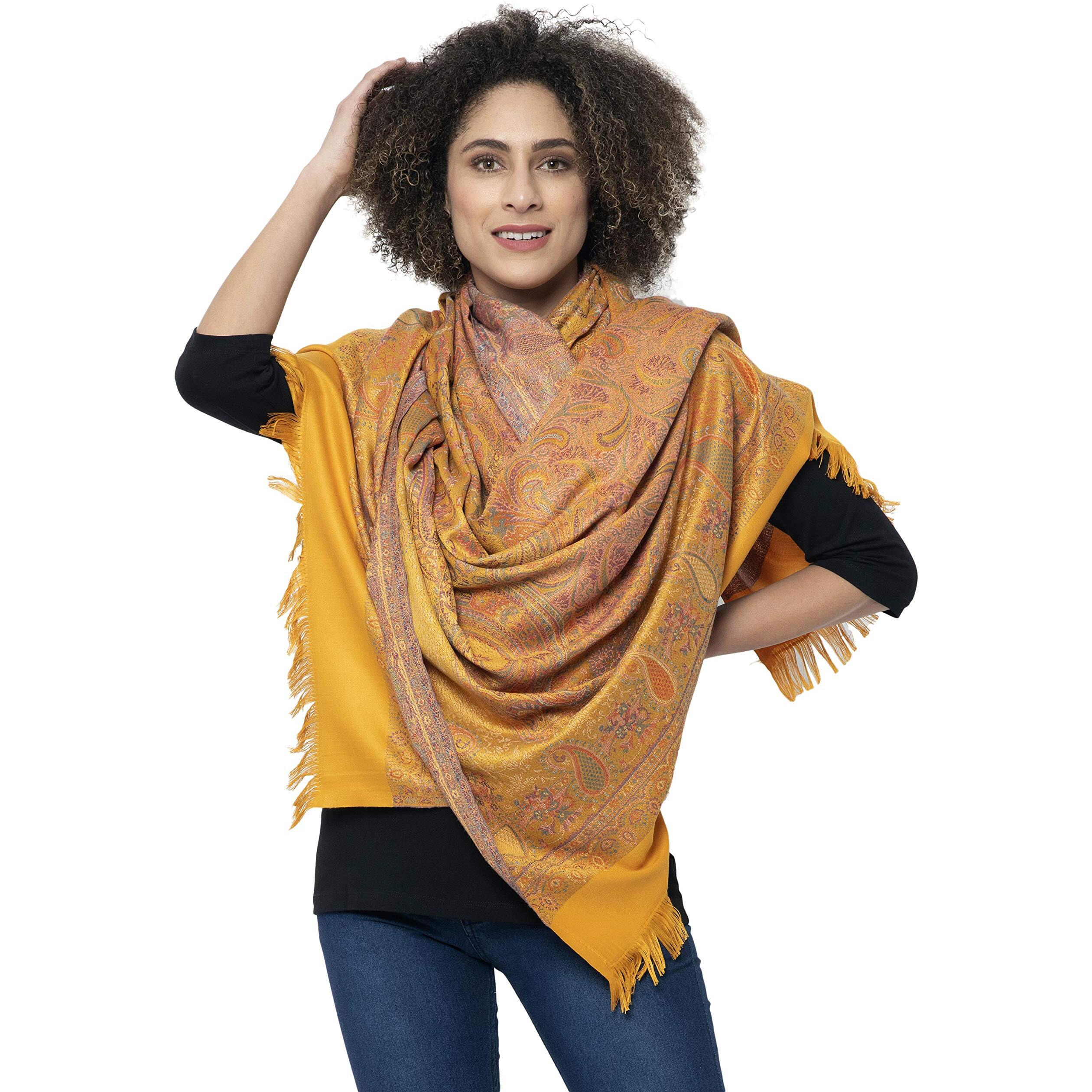 Weavers Villa - Women's Faux Pashmina Silk Paisley Design Shawls, Stoles (Mustard), 100cm X 200cm