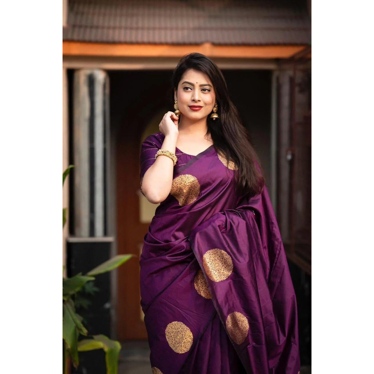 C J Enterprise Women's Banarasi Saree Pure Kanjivaram Silk Saree Soft Design Wear Pattu Sarees Latest Cotton With Blouse Piece Kanchipuram for Wedding sadi new ladies 2025 (KeriGola-51) (Purple)