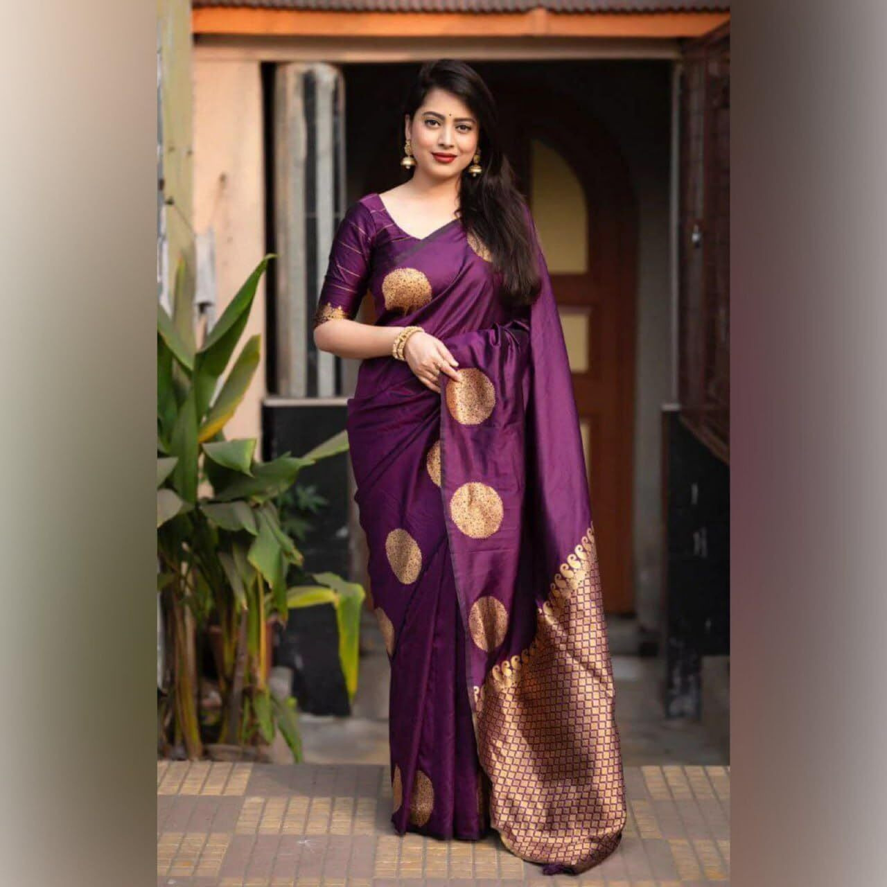 C J Enterprise Women's Banarasi Saree Pure Kanjivaram Silk Saree Soft Design Wear Pattu Sarees Latest Cotton With Blouse Piece Kanchipuram for Wedding sadi new ladies 2025 (KeriGola-51) (Purple)