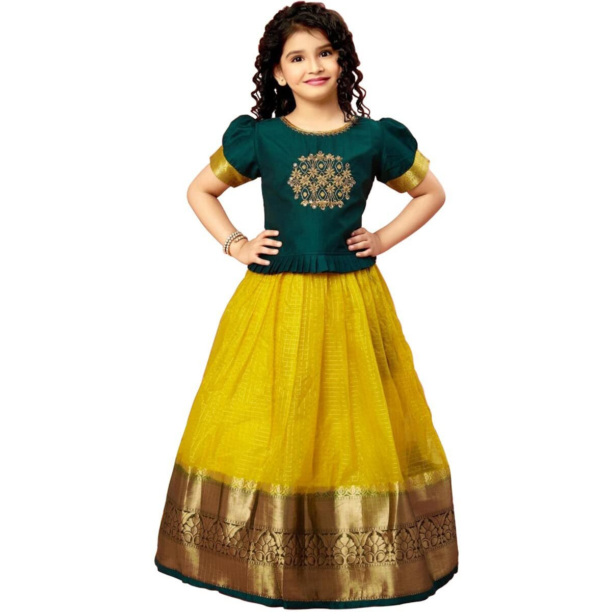 White Button New latest Girl's Tissue checks readymade Lehenga choli for girls dress (11-12 Years, Green Yellow)
