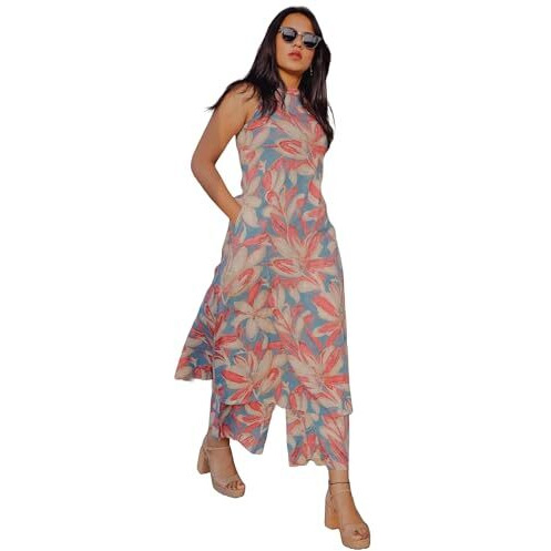 ANNI DESIGNER Women's Rayon Blend Straight Printed Kurta with Pant (VCM Blue_S_Blue_Small)