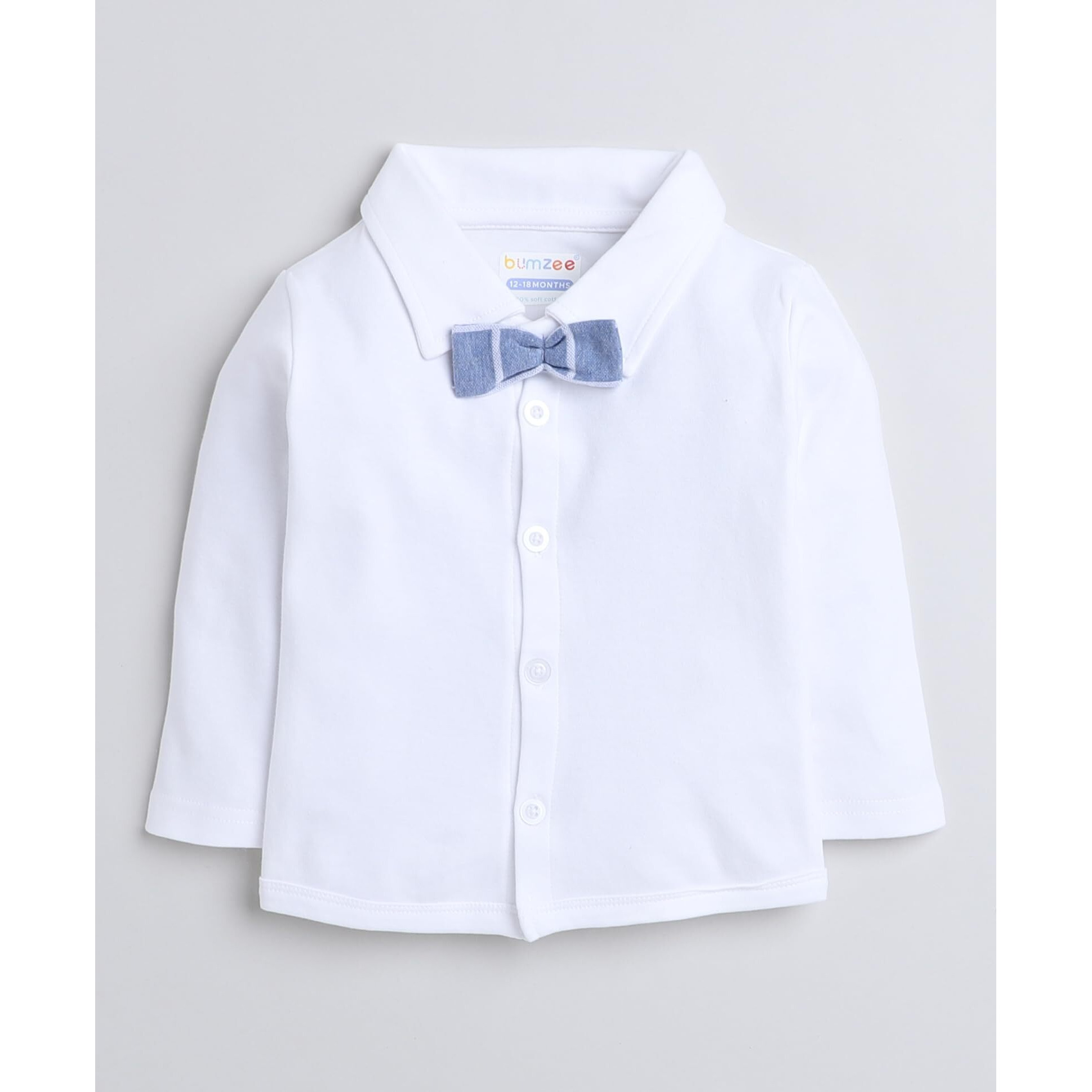 BUMZEE Unisex Cotton Sky Blue & White Boys Full Sleeves Shirt Waistcoat & Pant Set with Applique Bow Age-2-3 Years