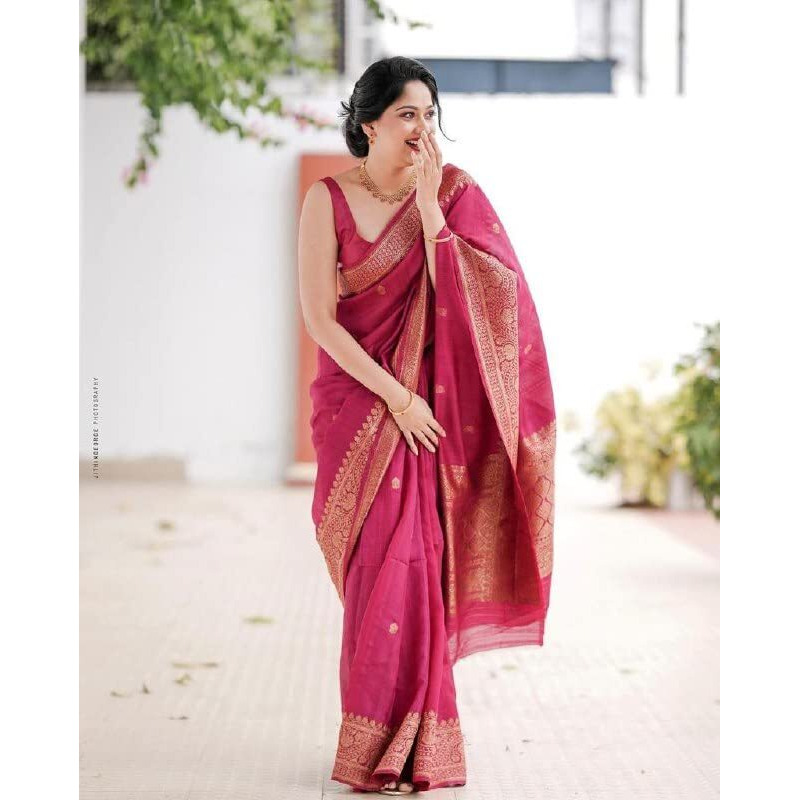 Flosive Women's Rani Pink Kanjivaram Silk Saree With Zari Weaving Work