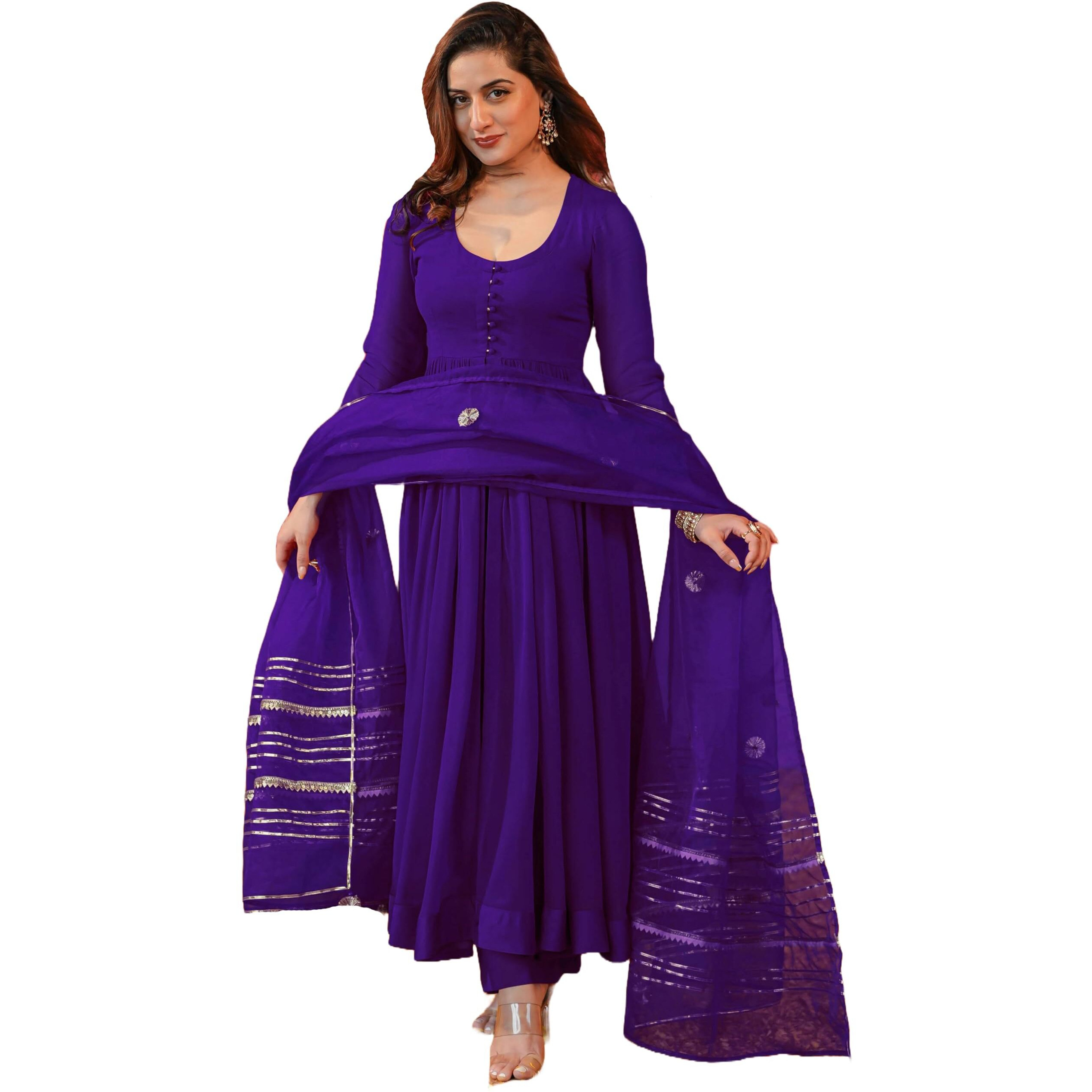 GoSriKi Women's Rayon Blend Anarkali Solid Kurta with Pant & Dupatta (JAYNTI BEGANI-GS_XXL_Begani_XX-Large)
