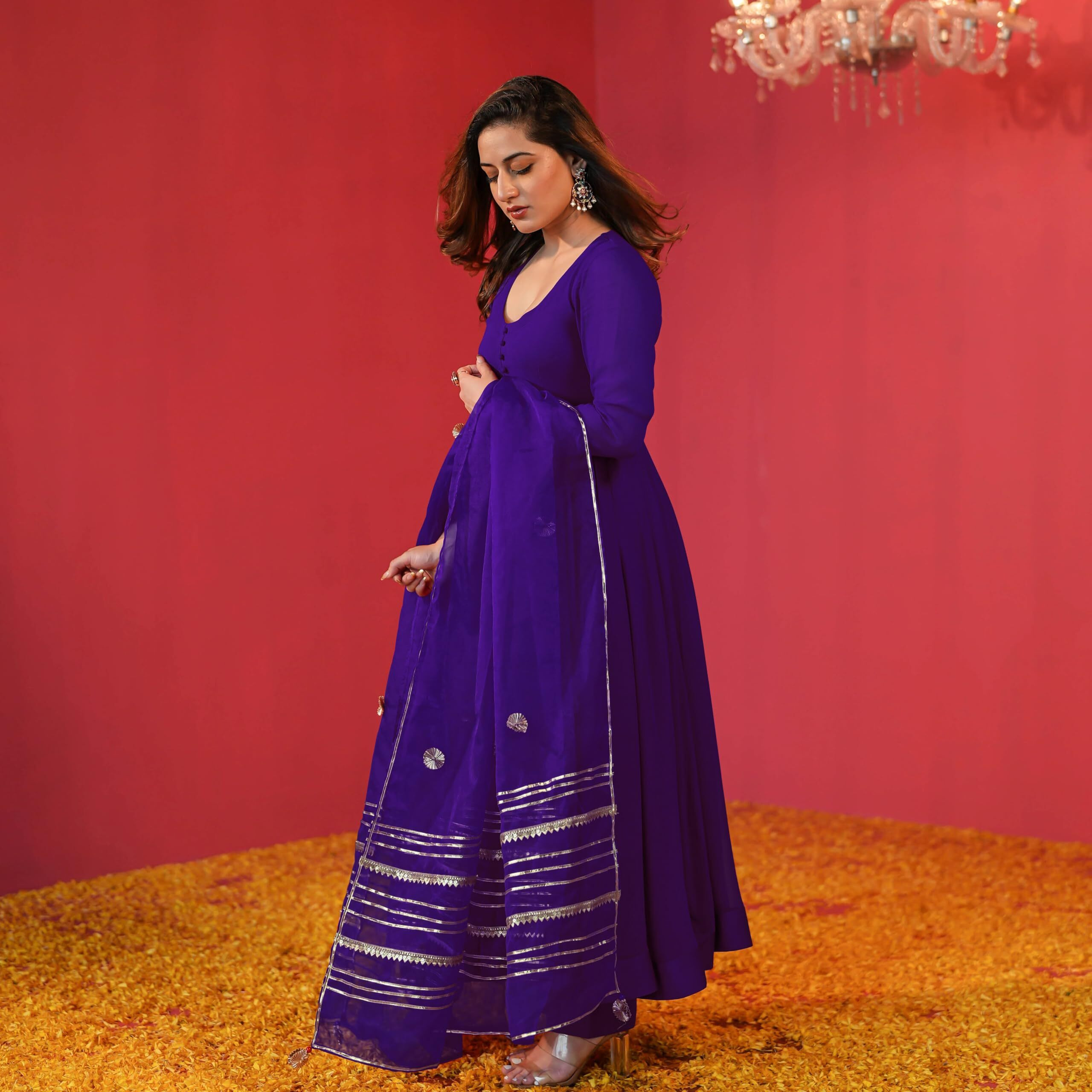 GoSriKi Women's Rayon Blend Anarkali Solid Kurta with Pant & Dupatta (JAYNTI BEGANI-GS_XXL_Begani_XX-Large)