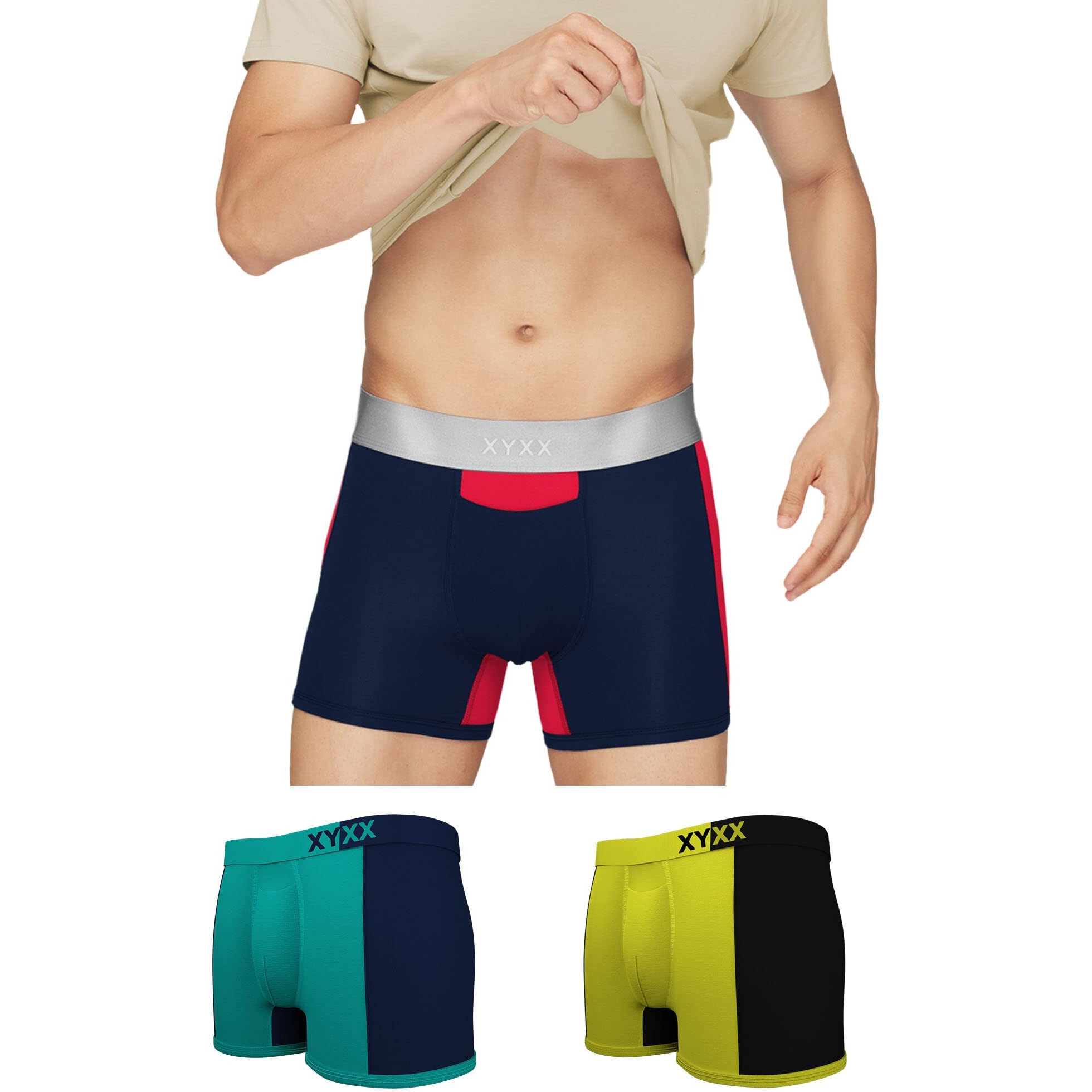 XYXX Men's Underwear Dualist IntelliSoft Antimicrobial Micro Modal Trunk Pack of 3 (Navigate & Black Iris  Lime Punch & Black  Black Iris & Tango Red L)