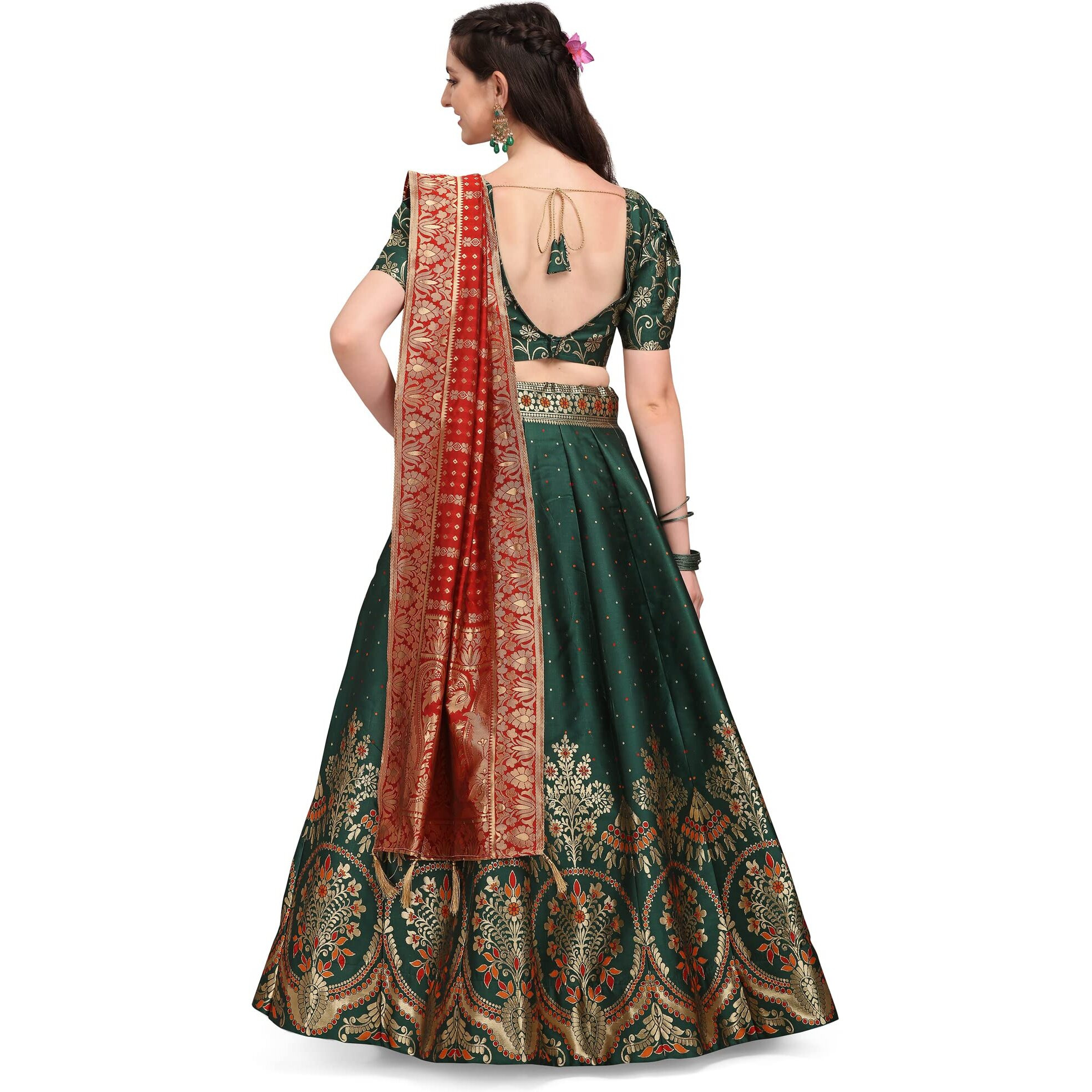 PURVAJA Women's Jacquard Semi-Stitched Lehenga choli (Arambh-D-Green_Green_Free Size)